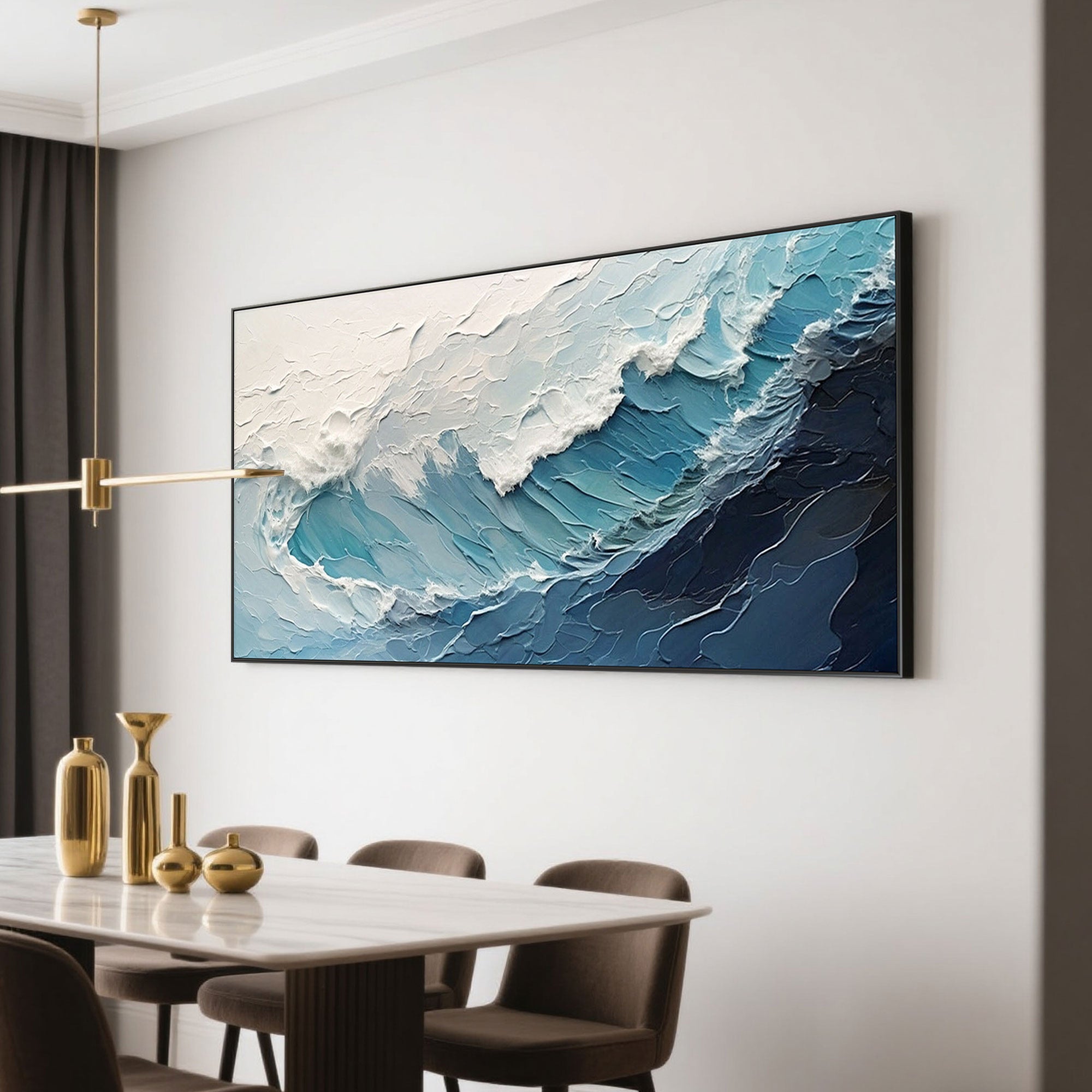 Modern ocean wave canvas art with textured, hand-painted brushstrokes in shades of blue and white.
