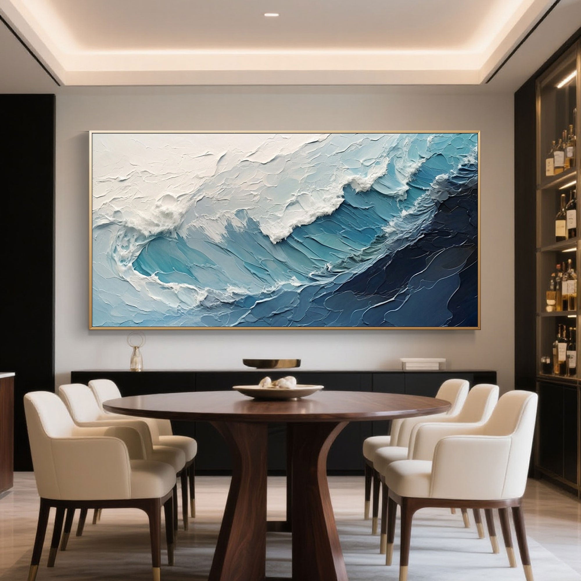 Modern ocean wave canvas art with textured, hand-painted brushstrokes in shades of blue and white.