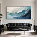 Modern ocean wave canvas art with textured, hand-painted brushstrokes in shades of blue and white.