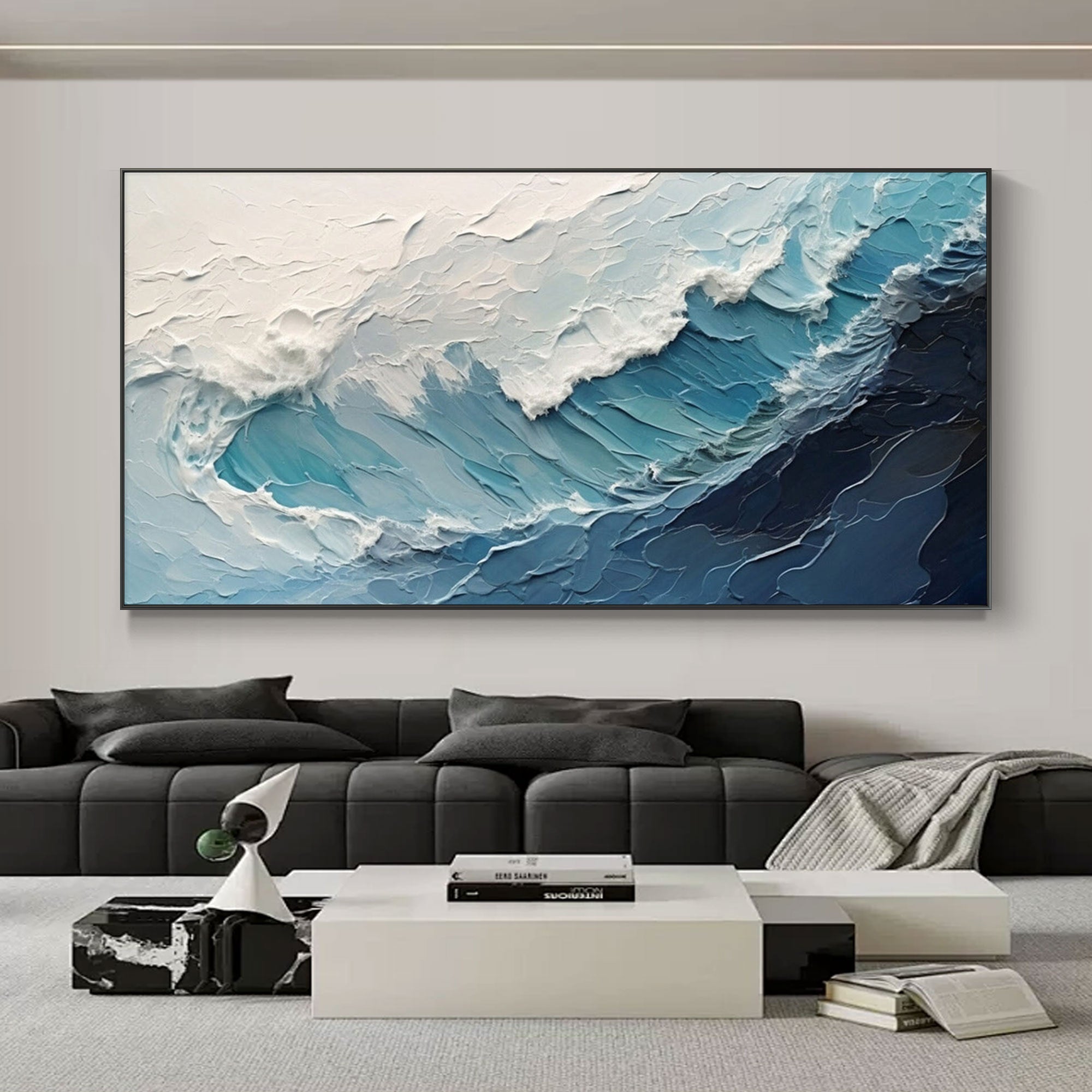 Modern ocean wave canvas art with textured, hand-painted brushstrokes in shades of blue and white.