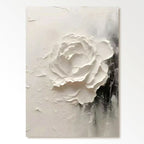 A 3D - textured abstract modern painting showcasing a white rose, rendered in black and white tones. The artwork features rich, tactile textures that add depth, embodying contemporary artistic style, perfect for modern decor.