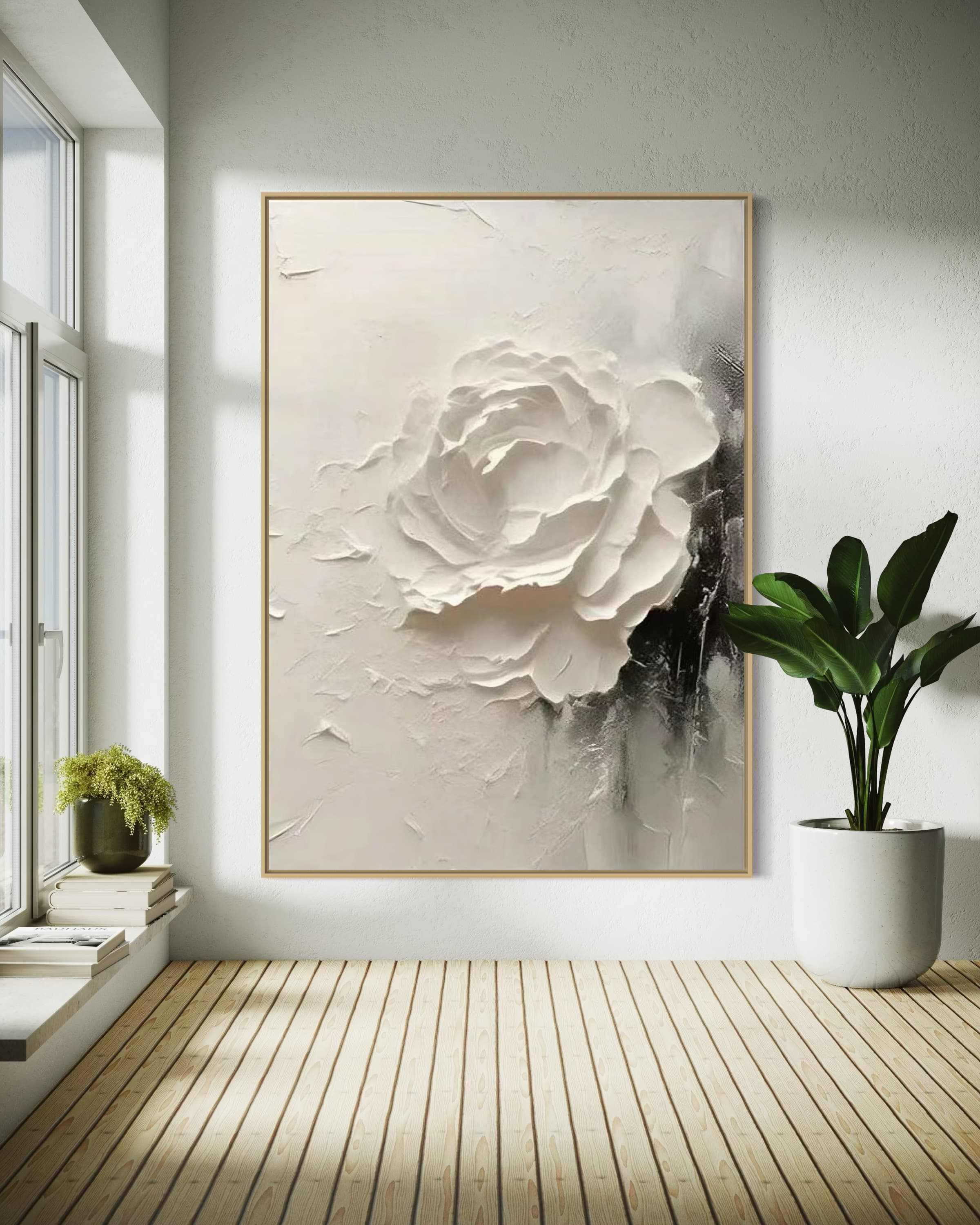 A bright room with a window, the black - and - white textured rose artwork on the wall complementing the natural light, creating a serene modern atmosphere.