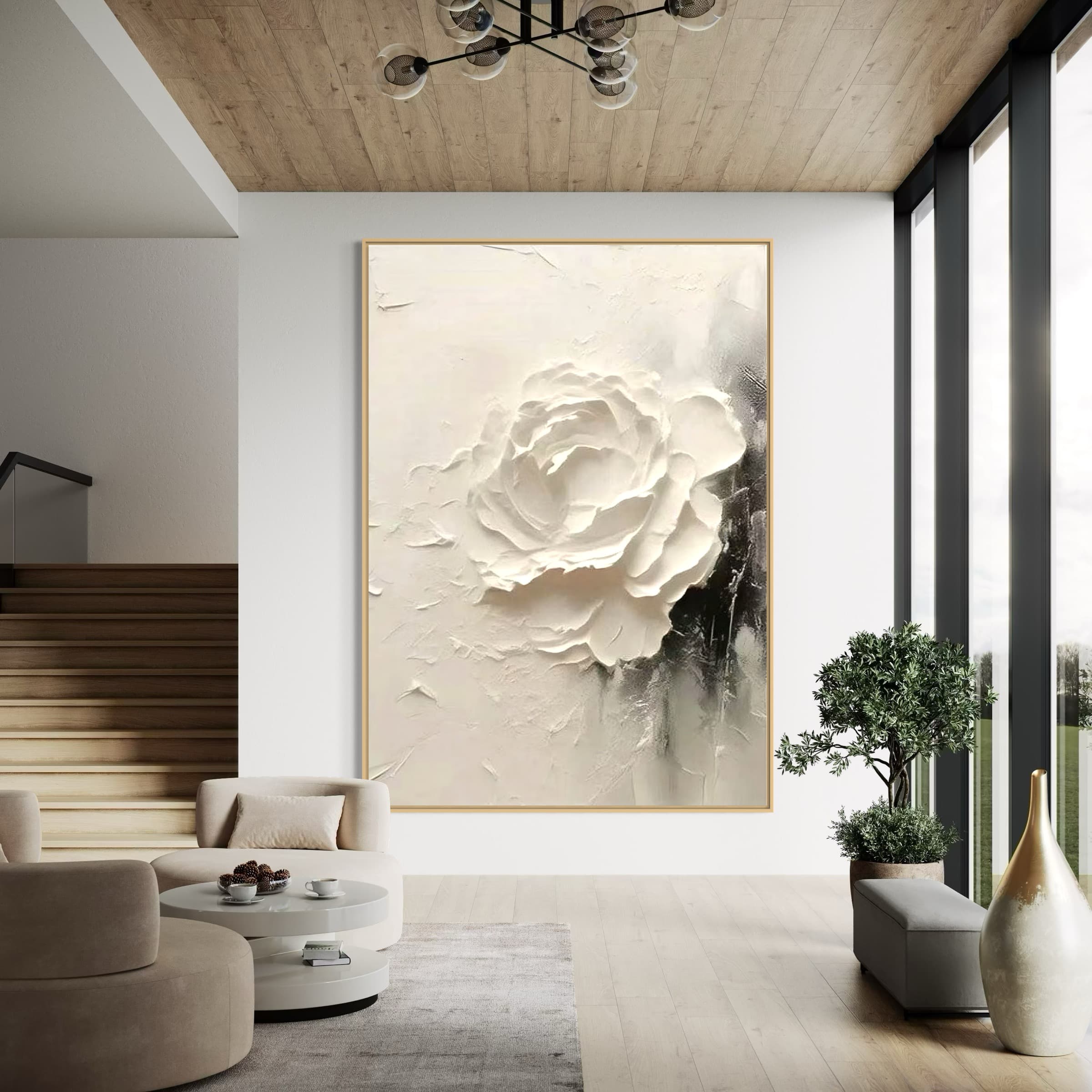 A modern living room with a staircase, where the 3D - textured abstract white rose painting adorns the wall, adding artistic charm to the space.