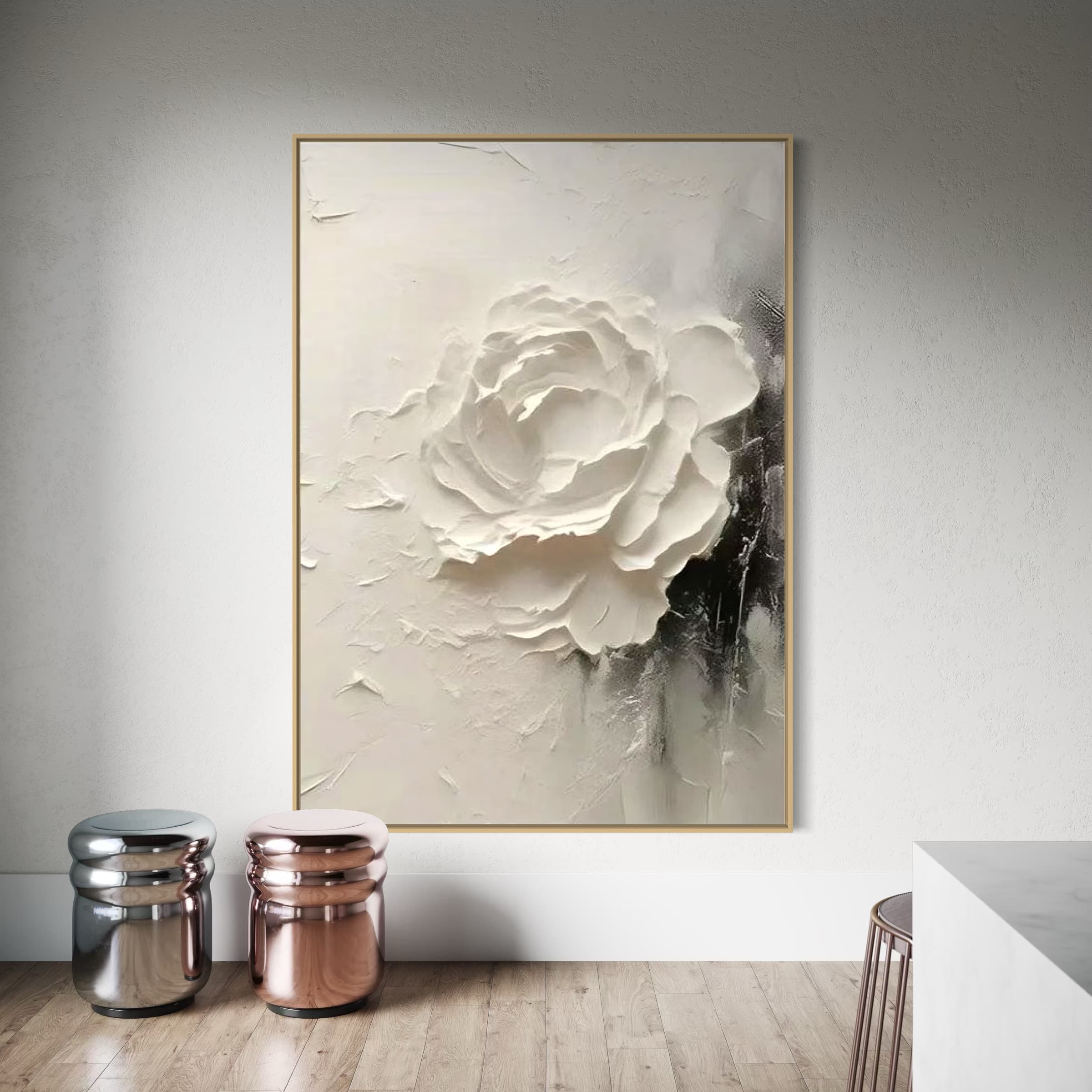 A minimalist room with metallic containers, the black - and - white textured rose artwork on the wall enhancing the contemporary decor.