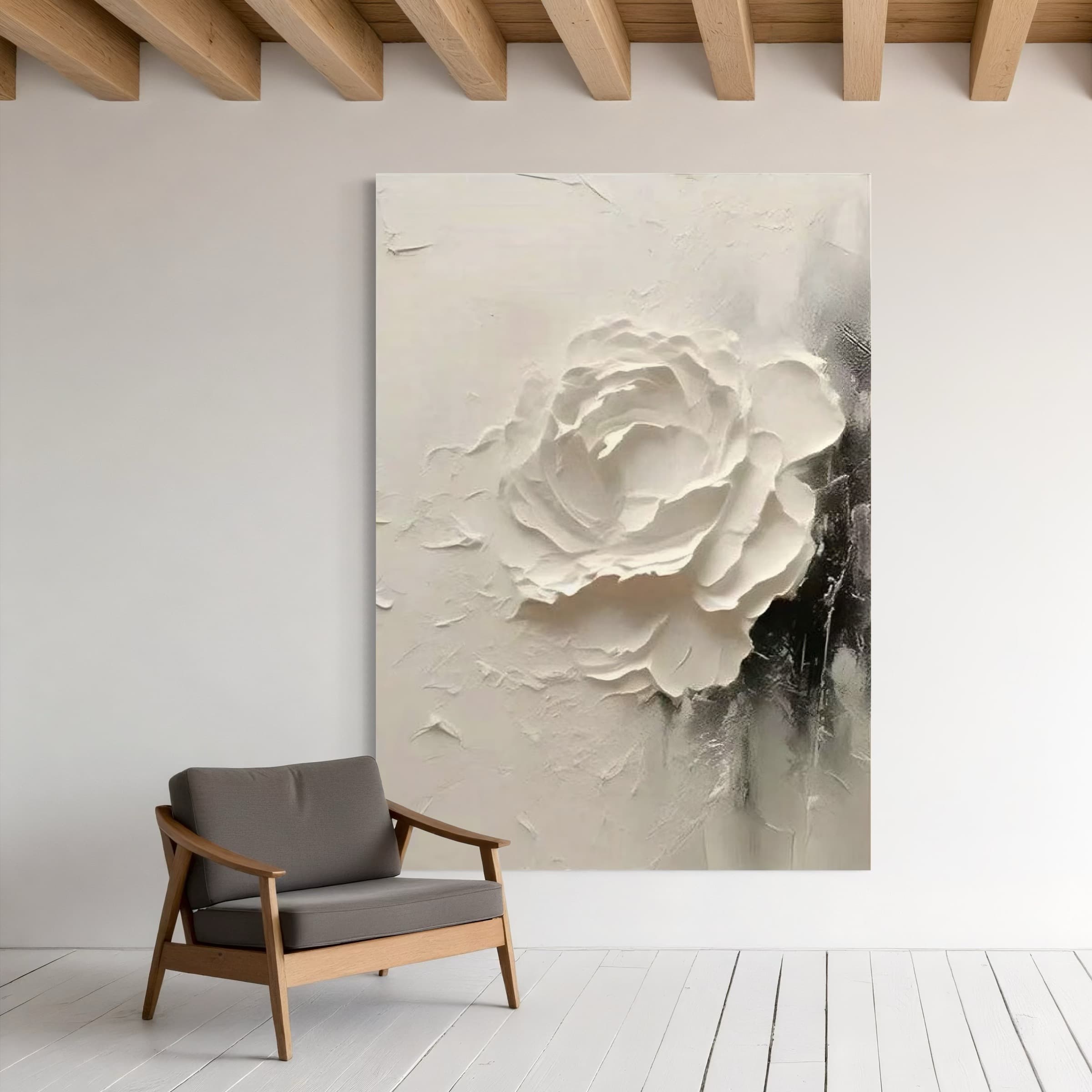 A simple room featuring a chair, with the 3D - textured abstract flower painting on the wall, bringing modern elegance to the setting.