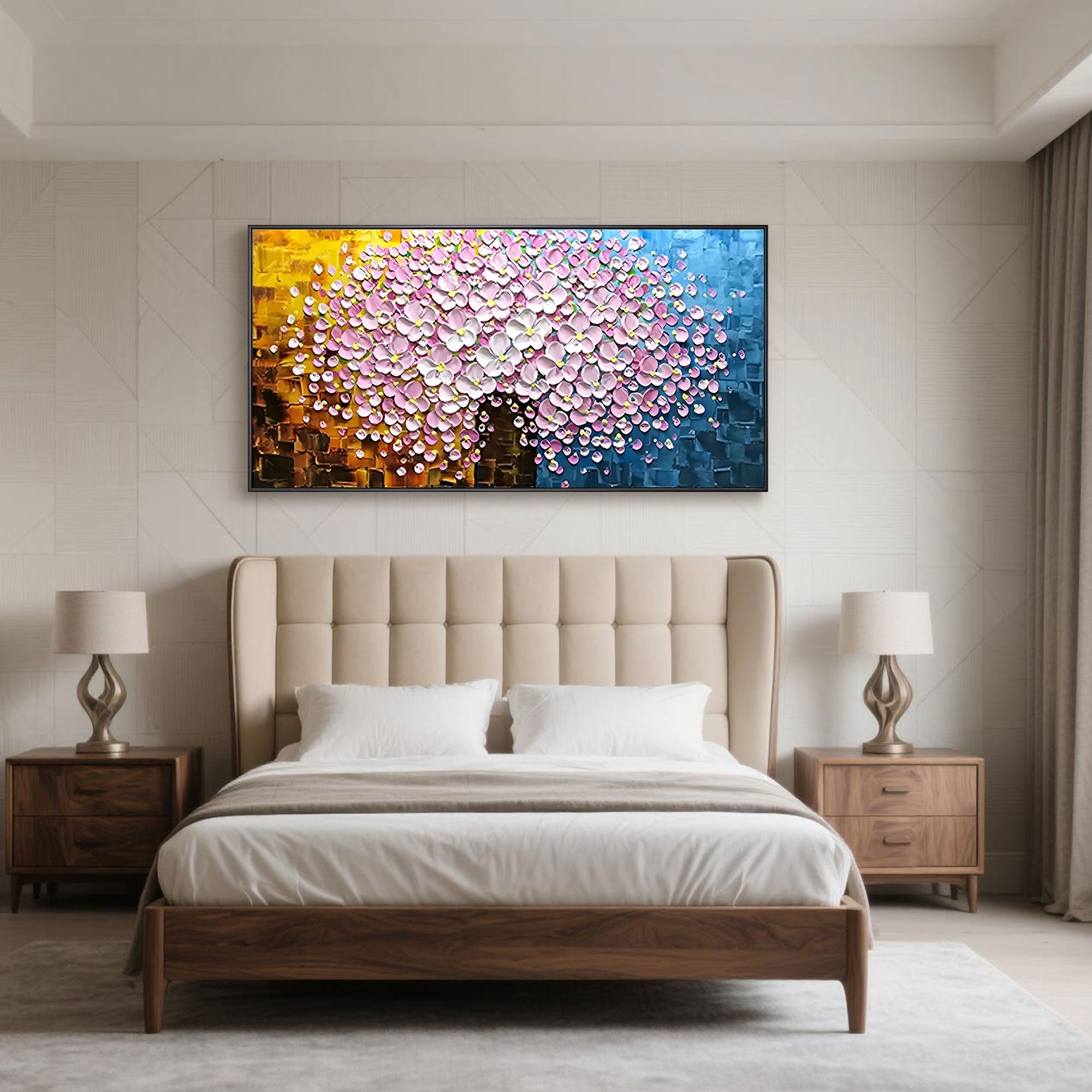 Pink floral impasto wall decor above bed in minimalist bedroom.