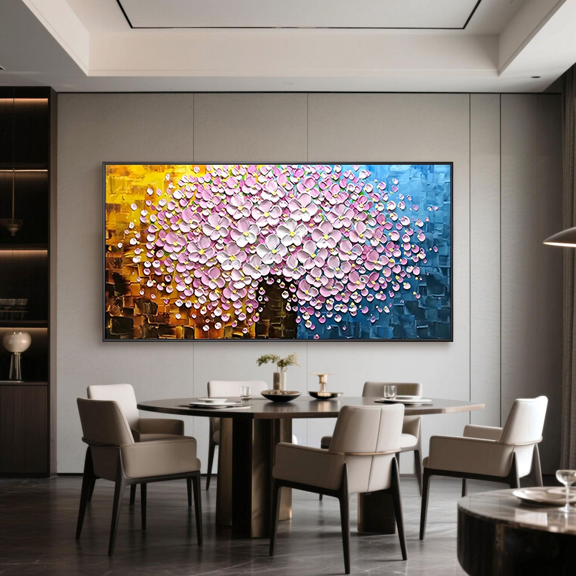 Impasto pink flower wall art in luxury dining room, textured painting decor.