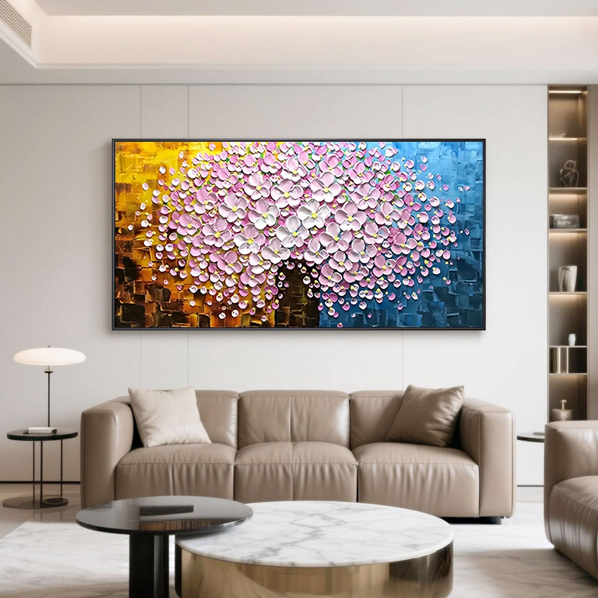 Pink floral art on wall in luxury living room with tan sofa.