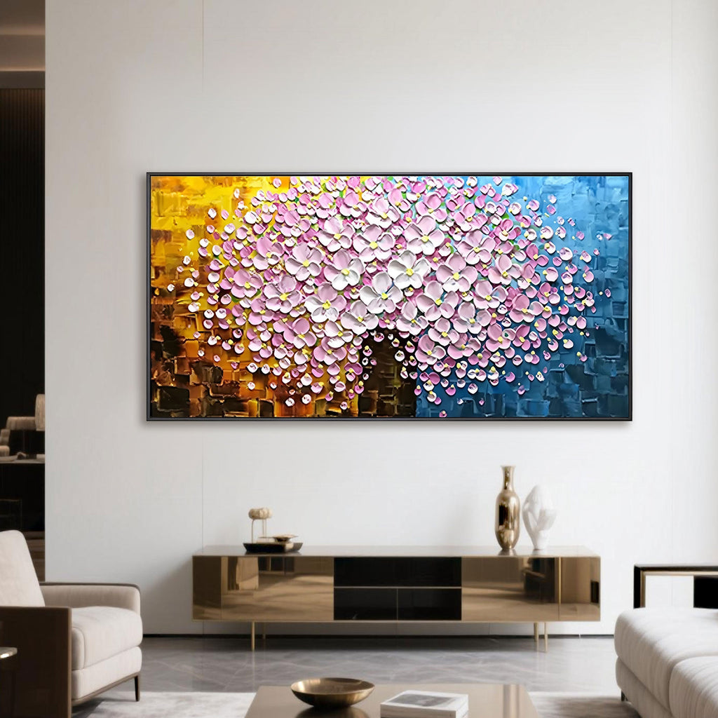 Pink floral 3D textured hand-painted canvas art in luxury living room.