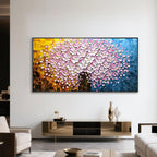 Pink floral 3D textured hand-painted canvas art in luxury living room.