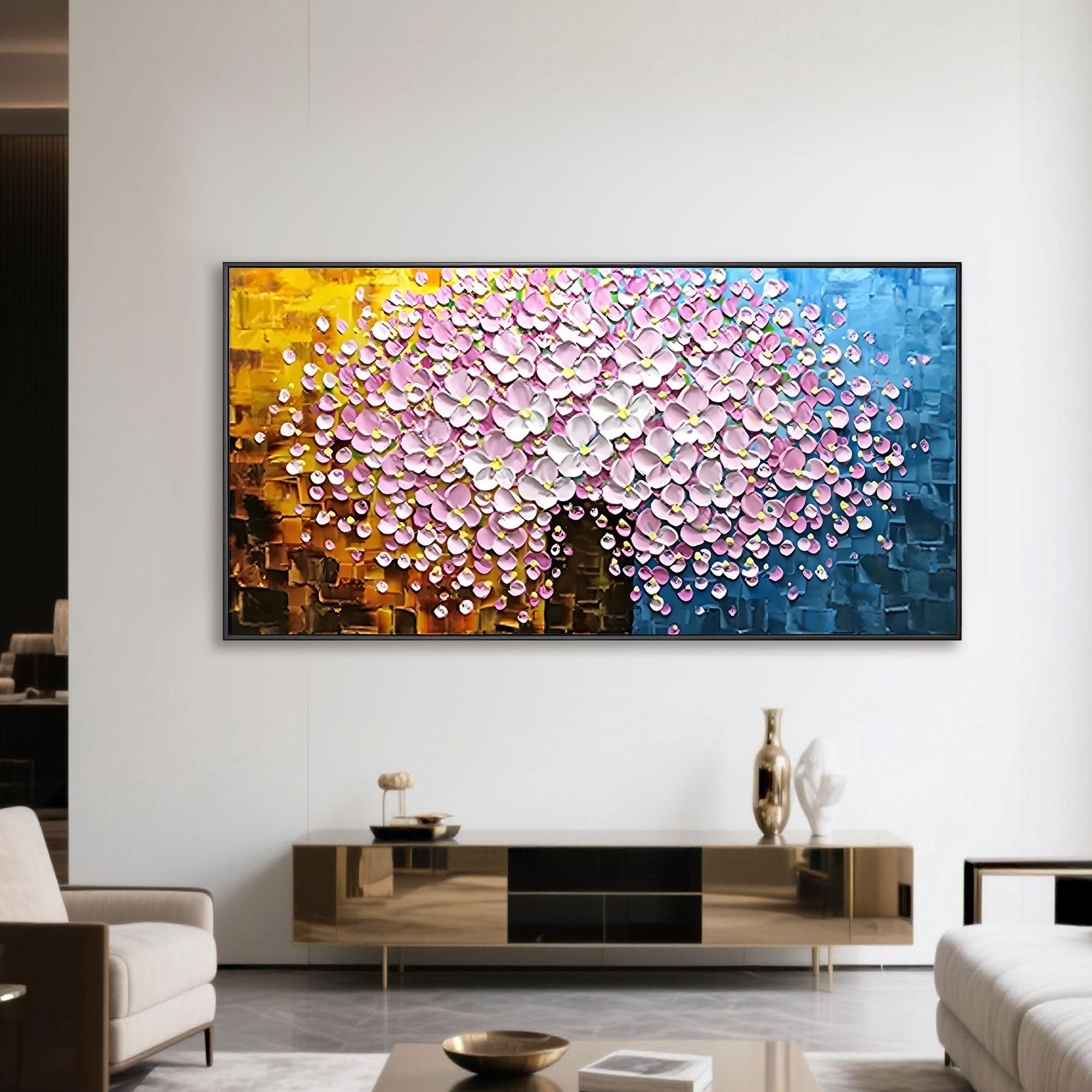 Pink floral 3D textured hand-painted canvas art in luxury living room.
