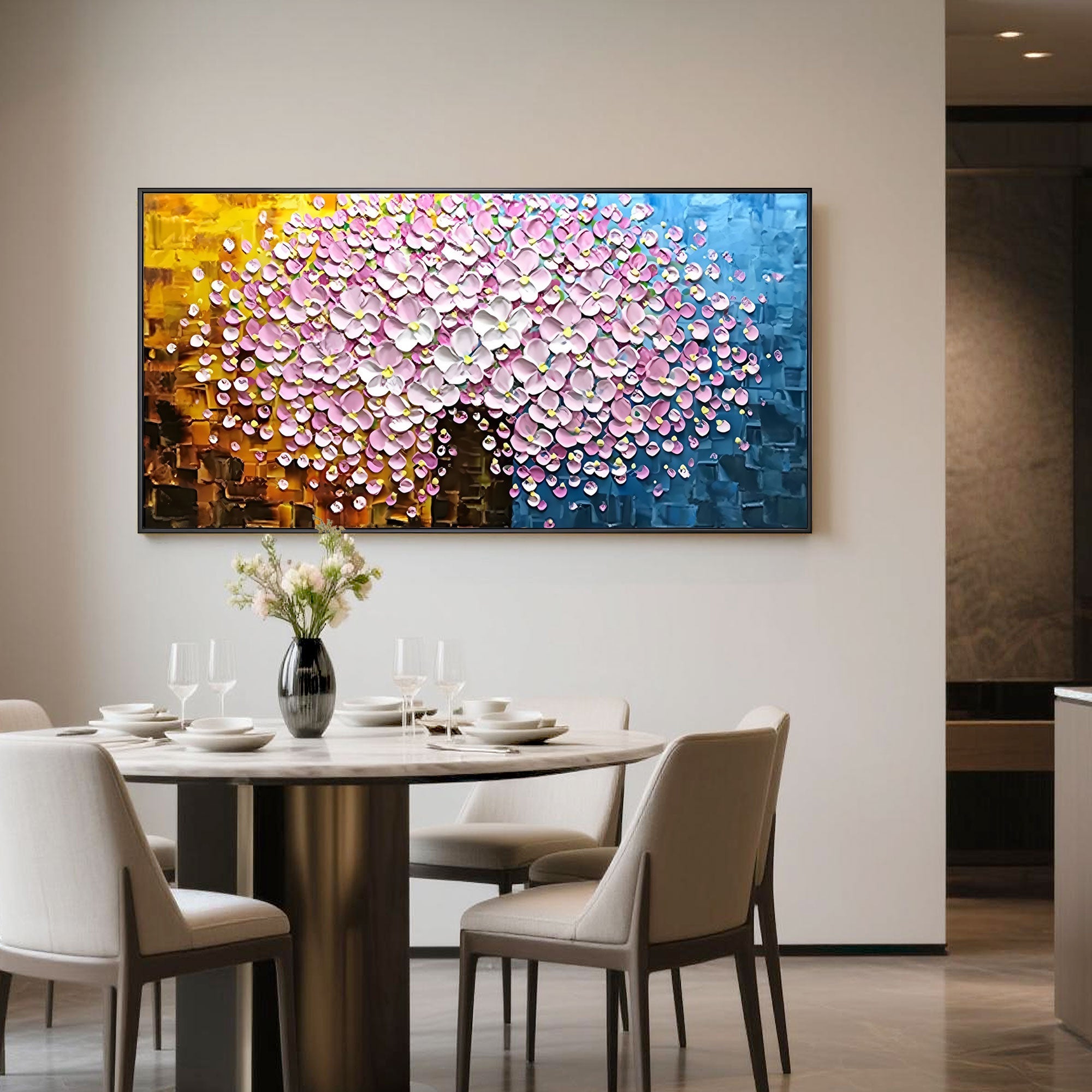 Hand-painted 3D textured pink flower canvas art in dining space.