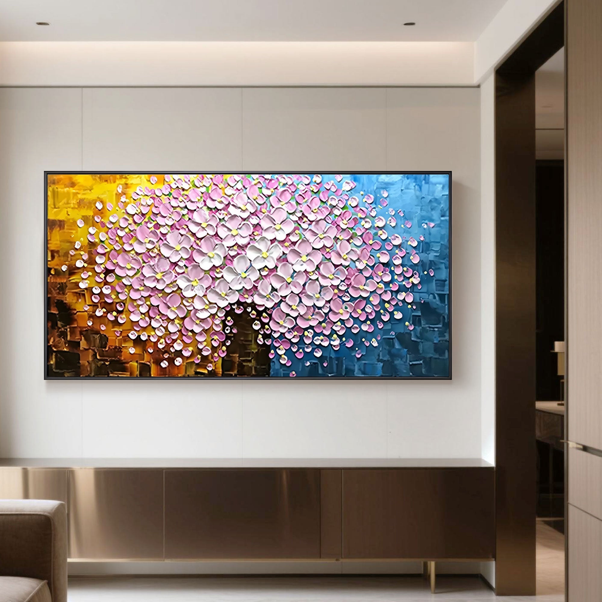 Colorful 3D textured floral canvas painting in entryway, hallway decor.