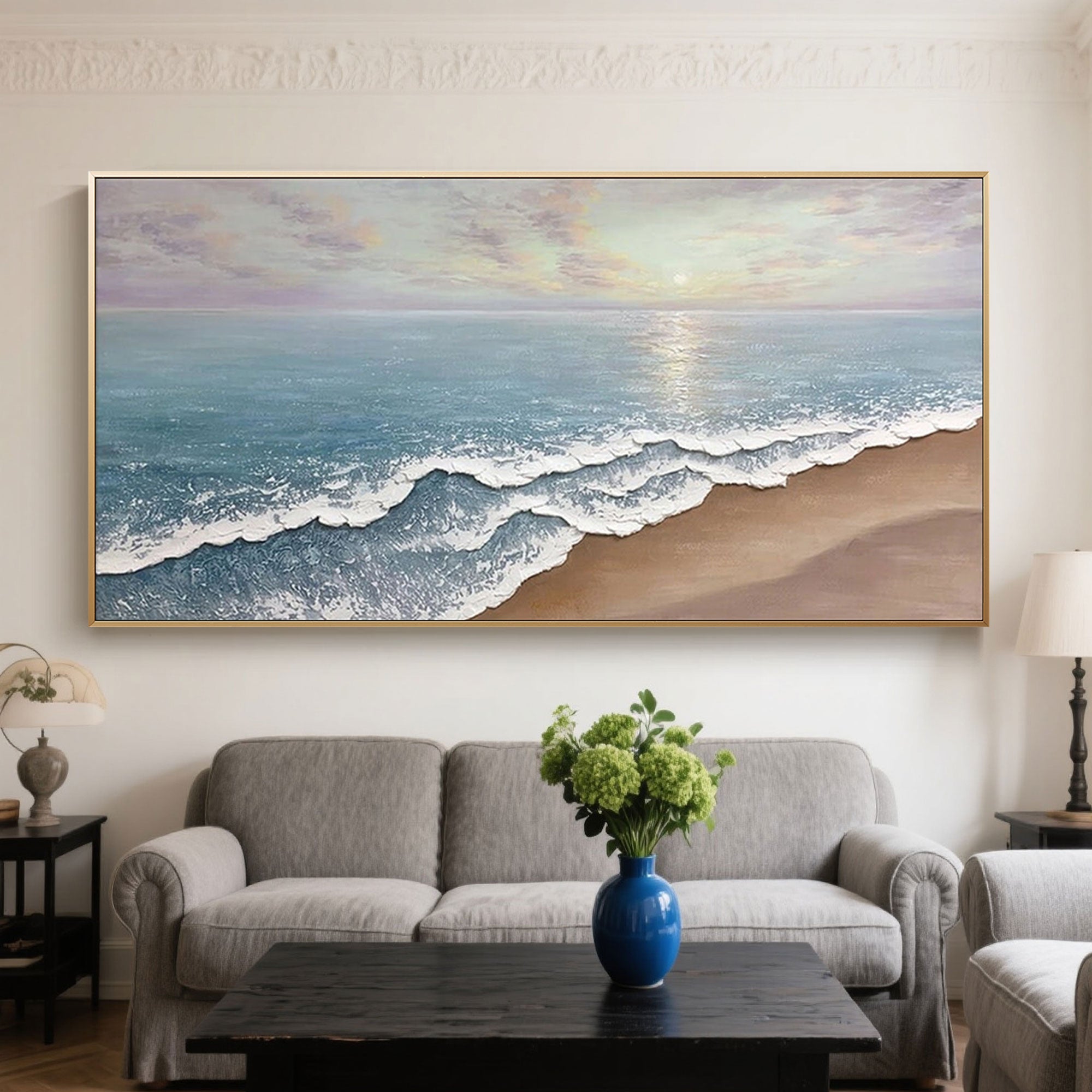 Framed seascape art with textured waves in a modern living room.