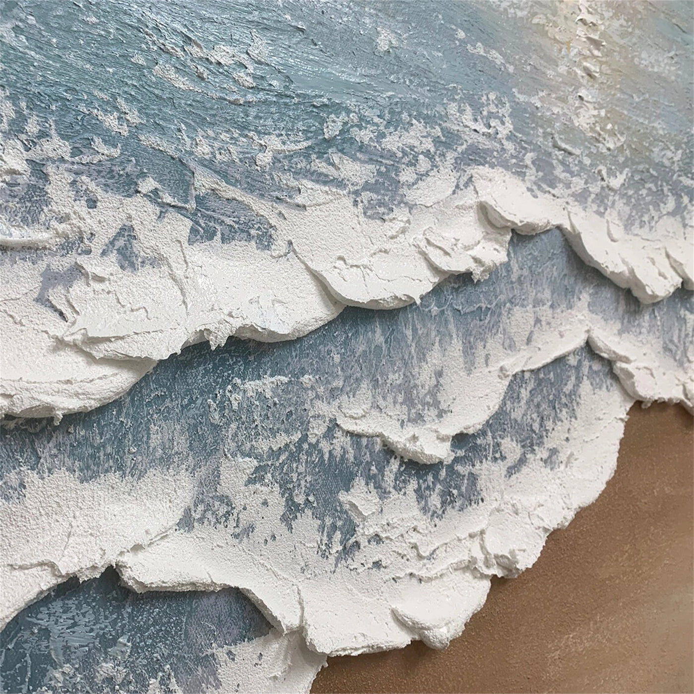 Close-up of 3D textured waves on seascape canvas art.