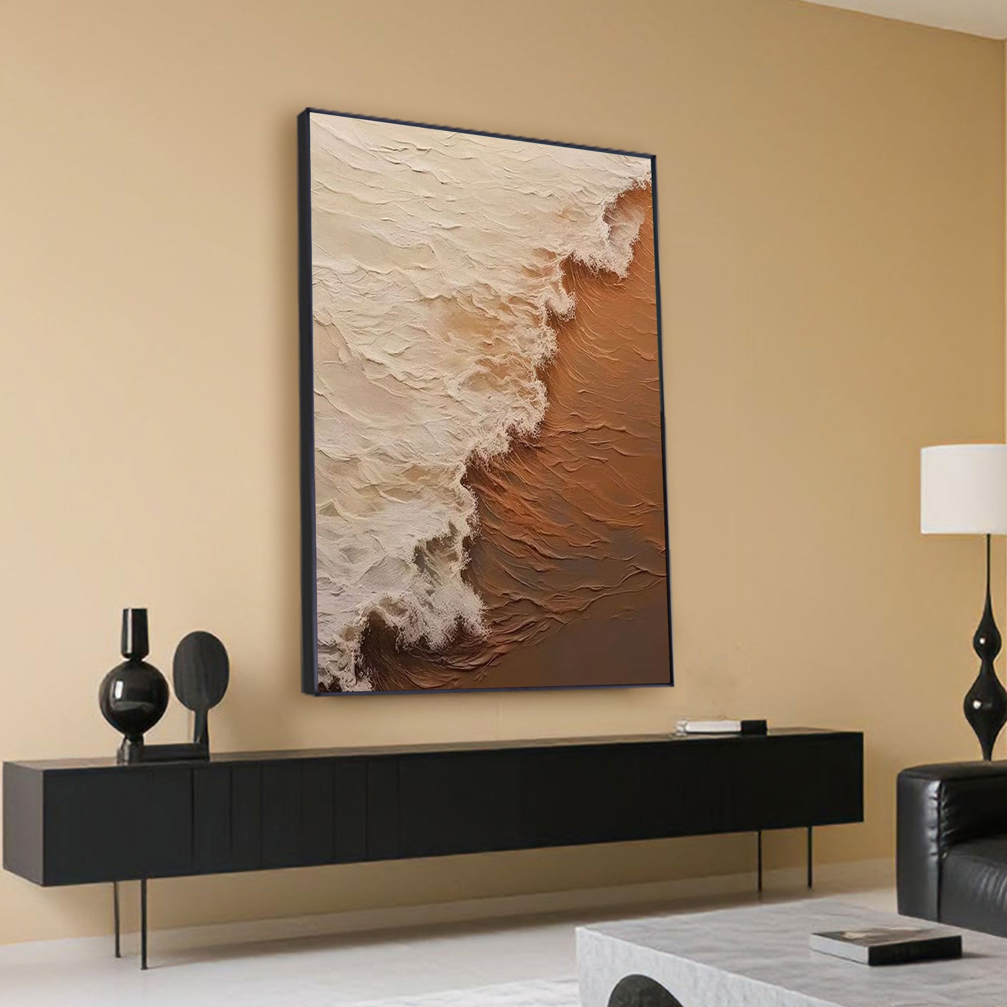 Vertical abstract ocean painting in a minimalist living room.