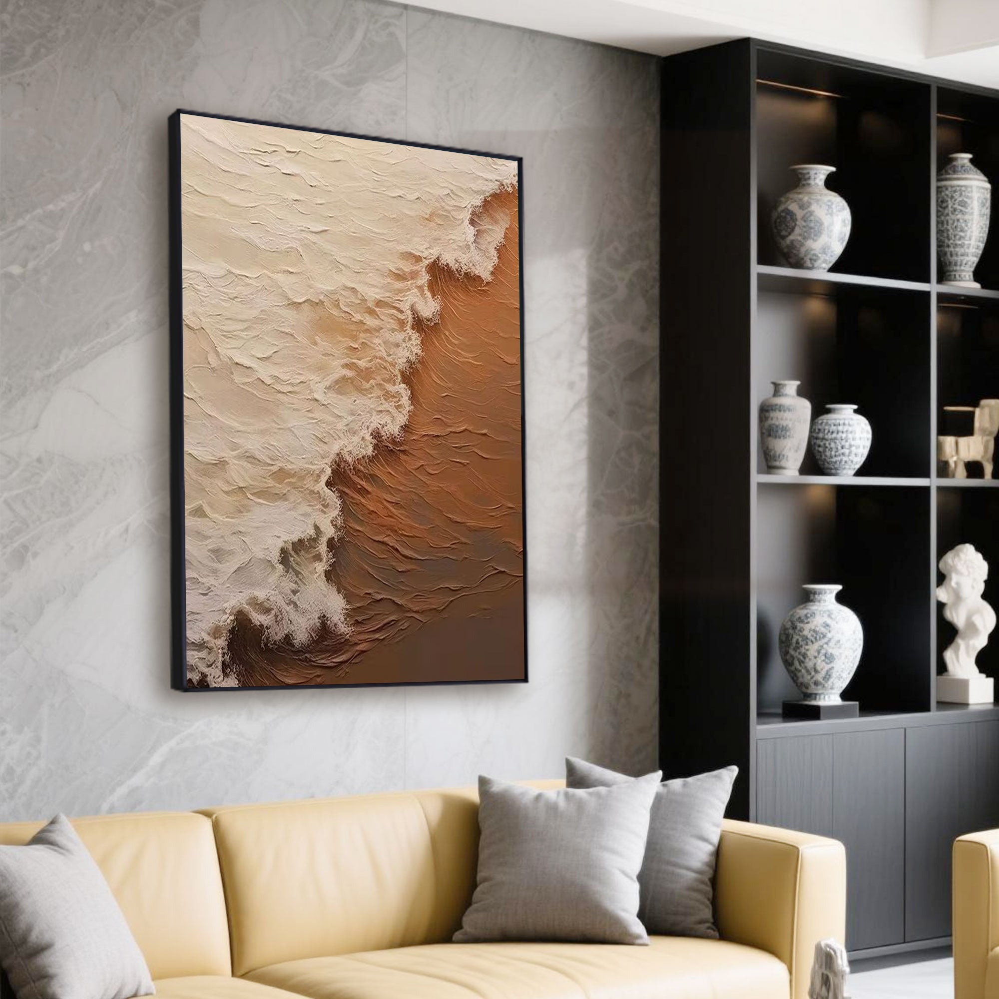 Beach scene painting with 3D textures in a minimalist home.