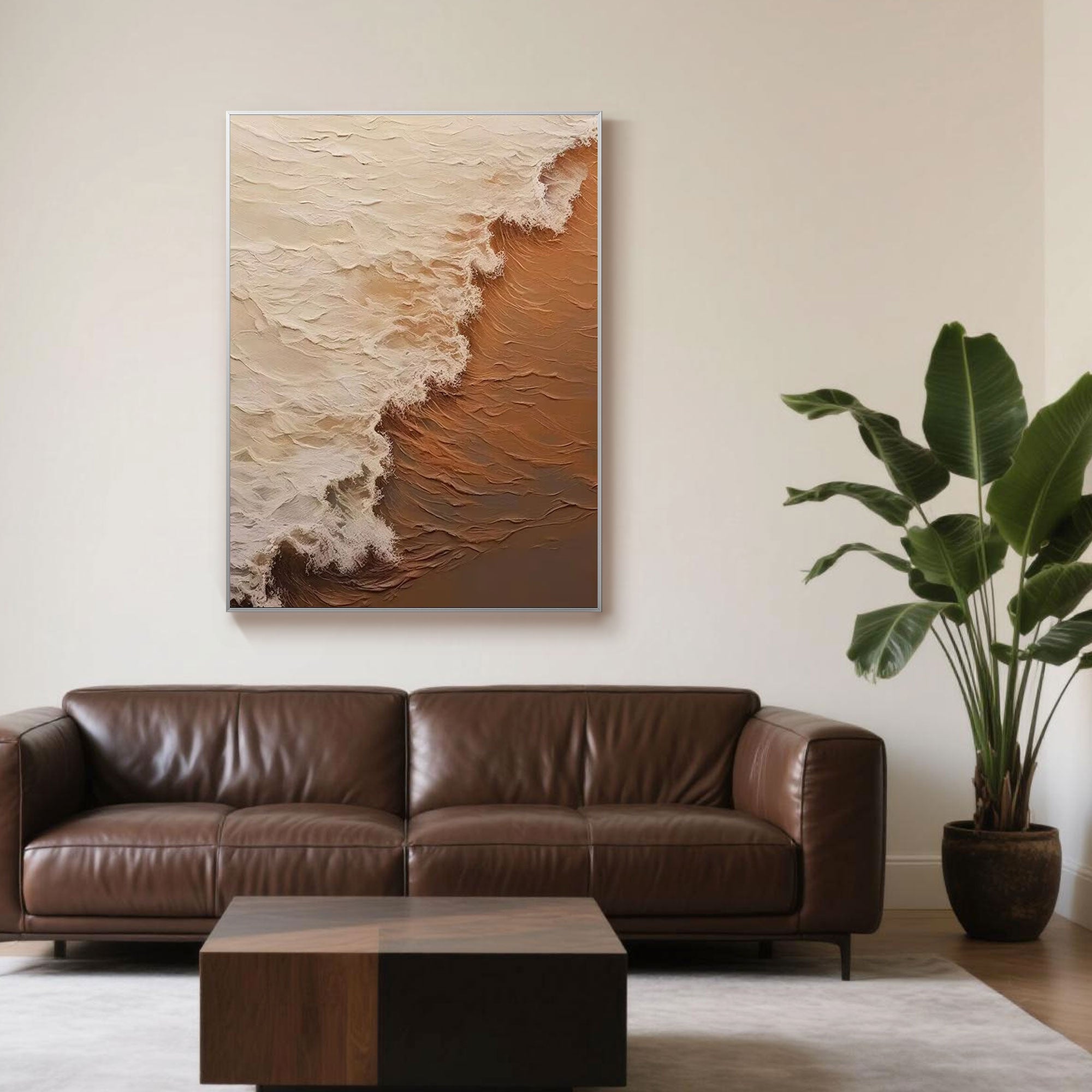 Neutral abstract seascape canvas in a cozy living room.
