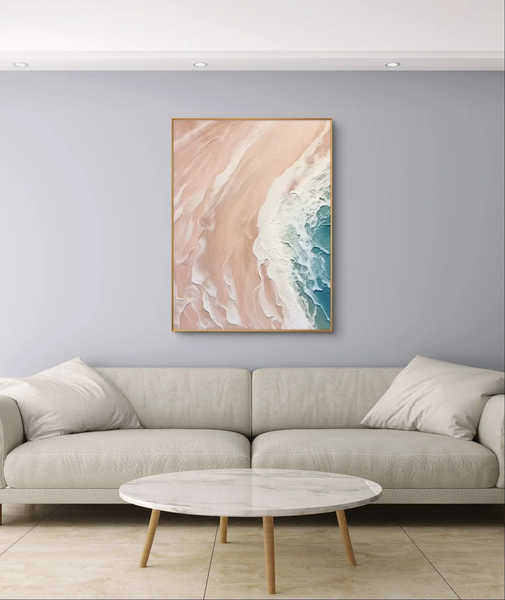 Soft pink and white abstract seascape painting with textured beach and ocean scene