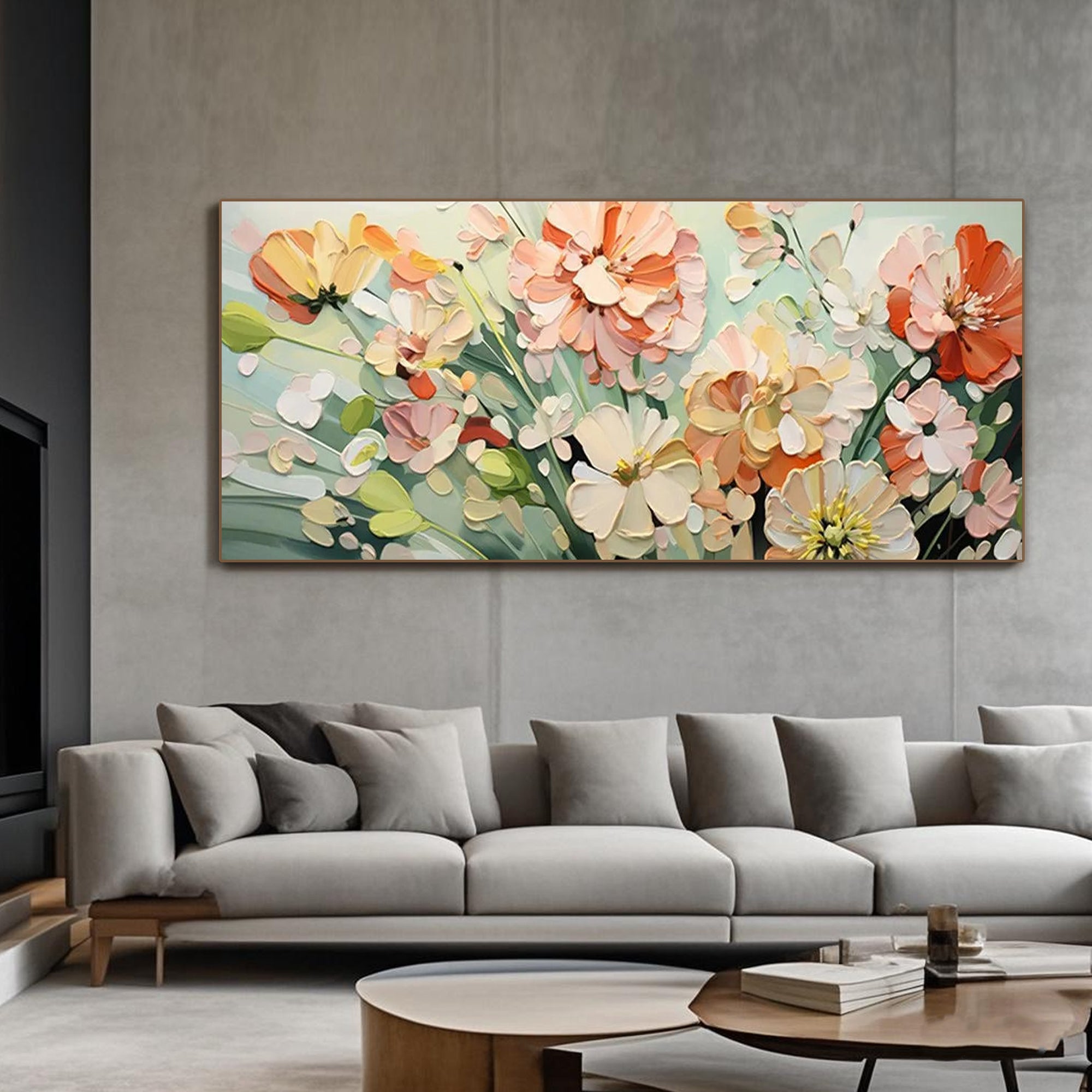 Modern floral painting 'Echoes of Spring' displayed in a living room setting.