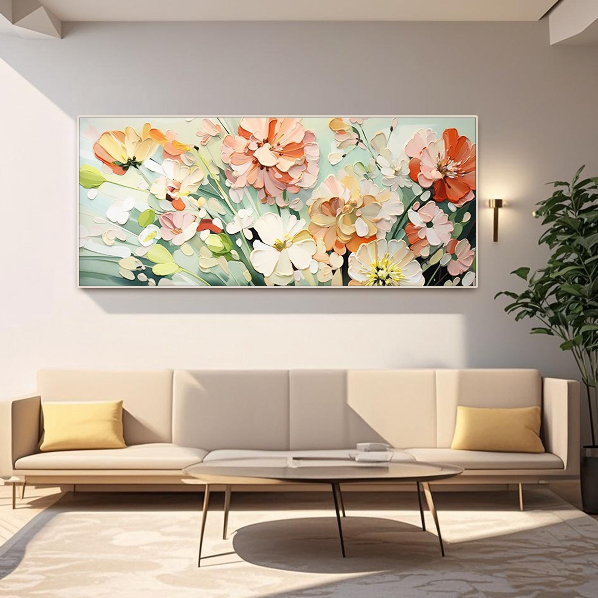 'Echoes of Spring' floral art above a sofa in a modern living space.