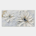 Textured floral wall art, 'Petal Whisper' close-up featuring white 3D sculpted flowers.