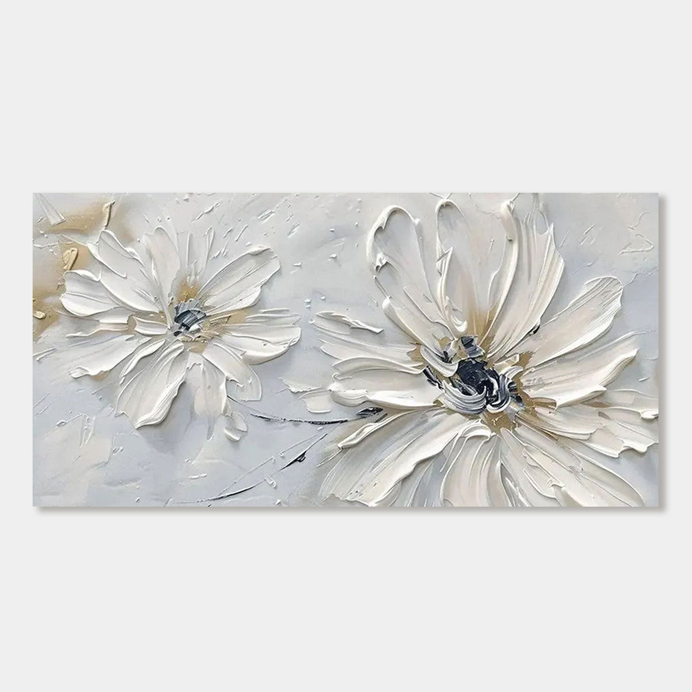 Textured floral wall art, 'Petal Whisper' close-up featuring white 3D sculpted flowers.