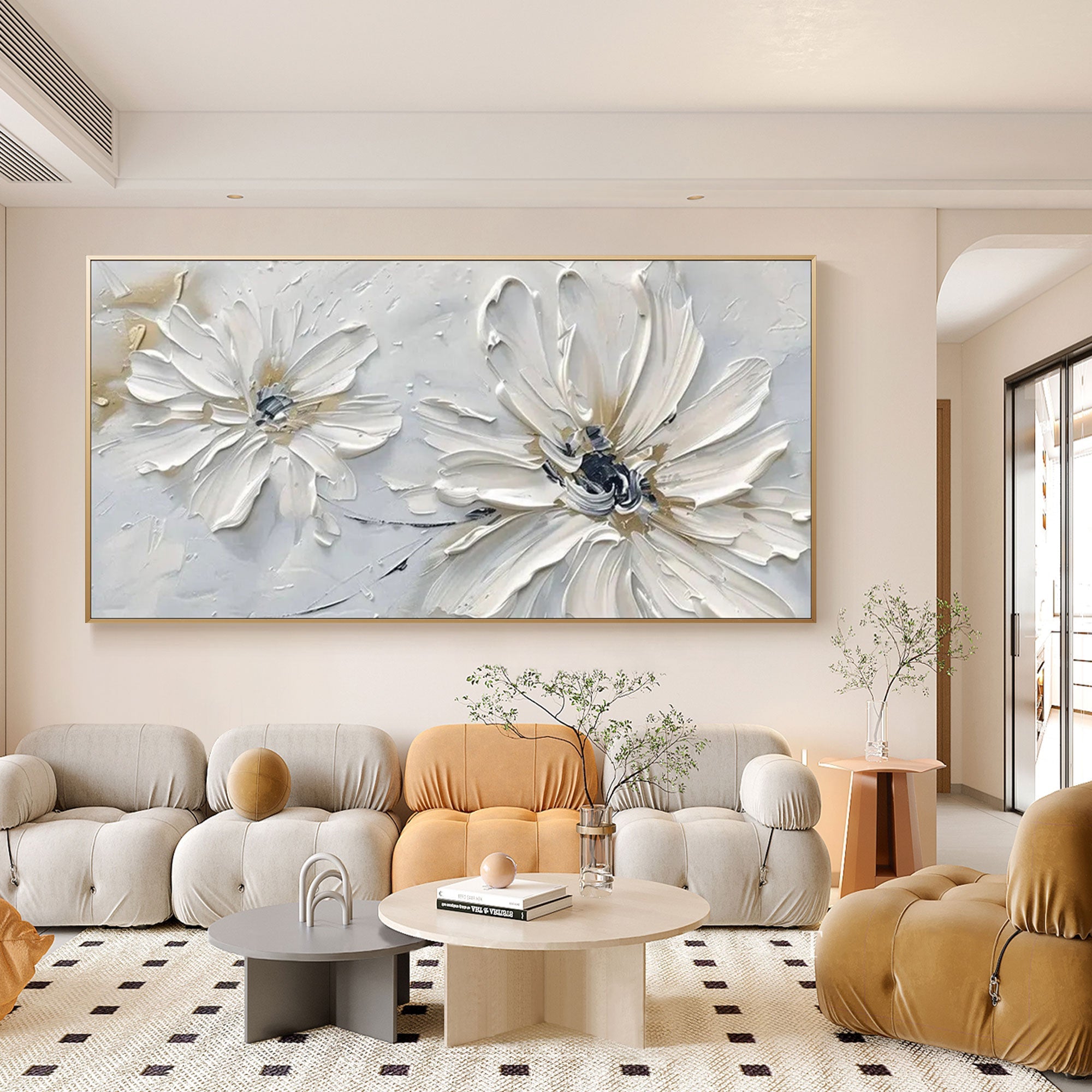 'Petal Whisper' textured floral canvas in a modern living space with neutral tones.