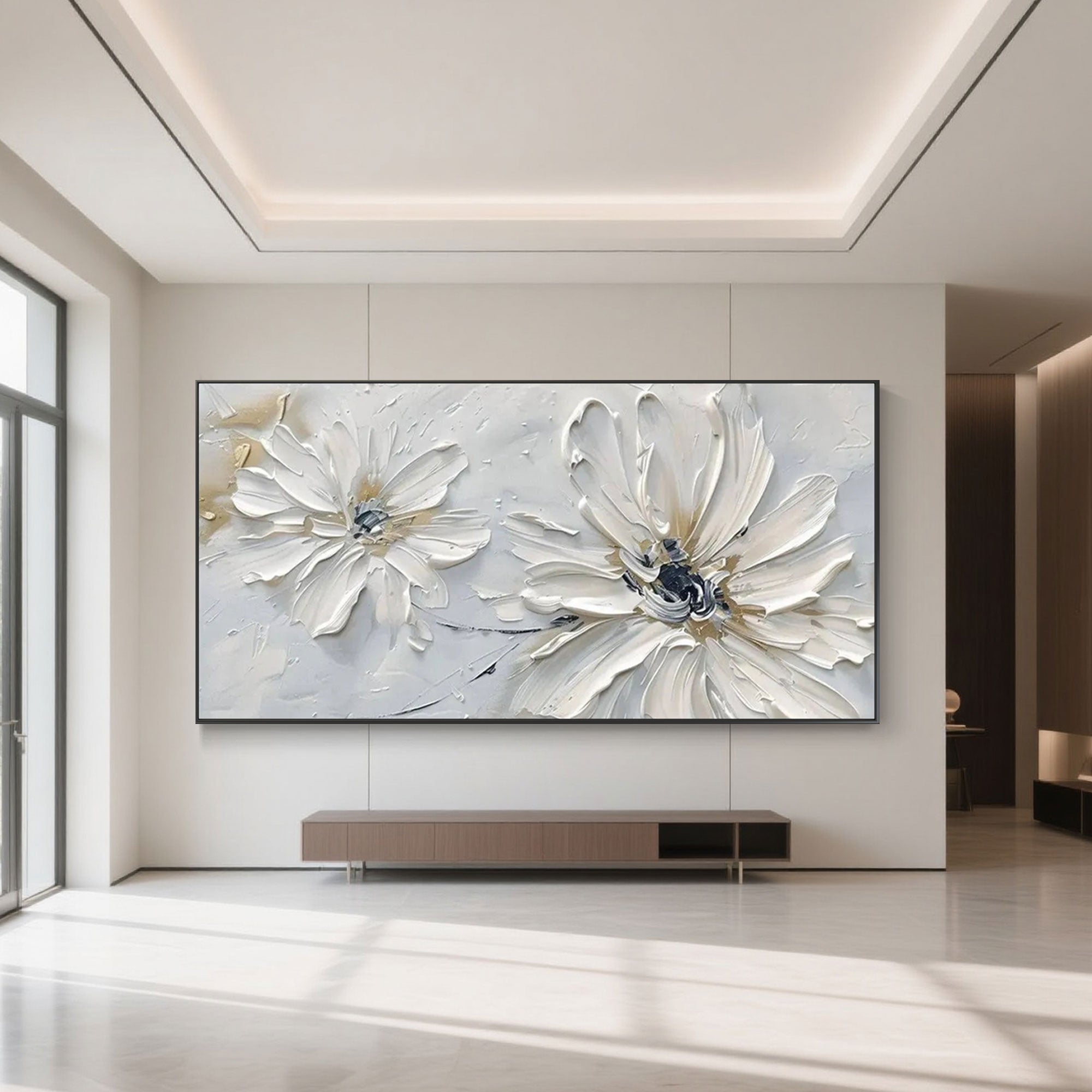 Close-up of 'Petal Whisper' art showing the texture and detail of the white flower petals.