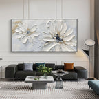 Modern living room with 'Petal Whisper' floral art above a black leather sofa.