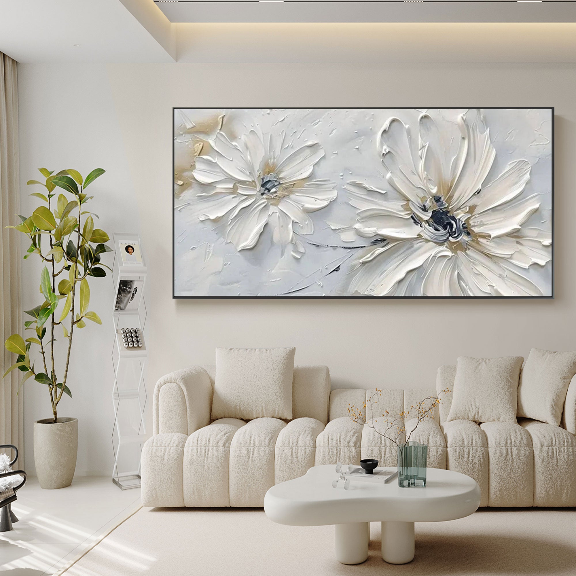 Close-up of 'Petal Whisper' art showing the texture and detail of the white flower petals.