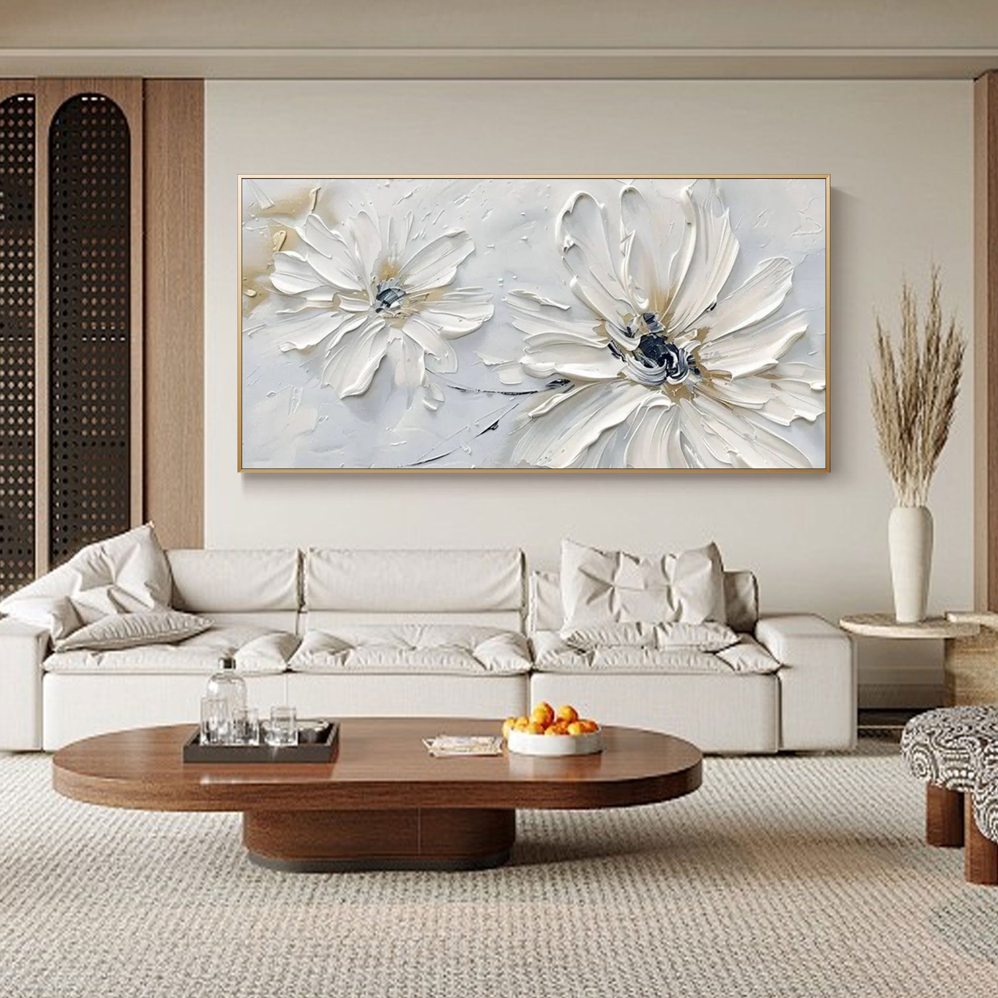 Close-up of 'Petal Whisper' art showing the texture and detail of the white flower petals.