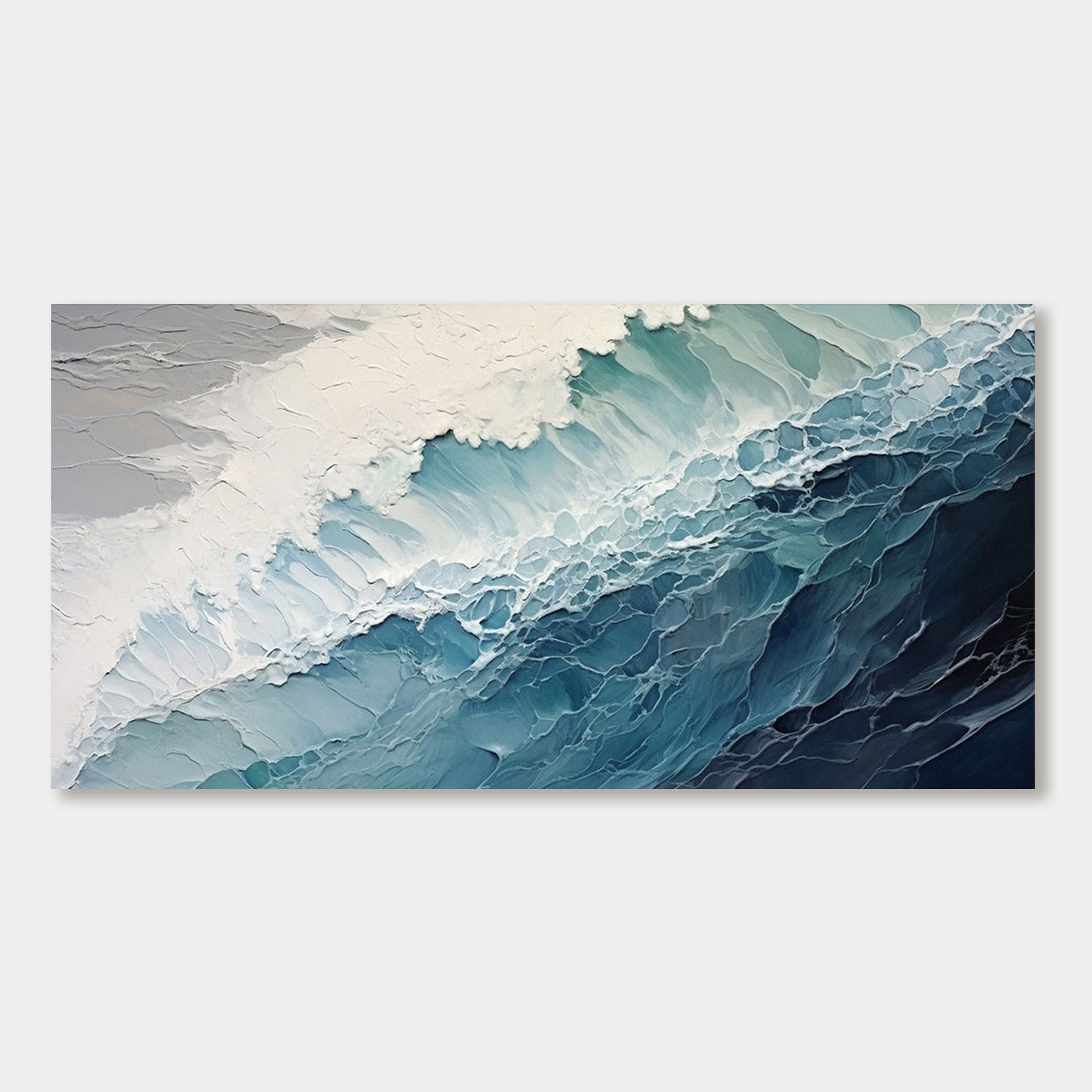 Modern abstract ocean painting with blue, white, and beige textured strokes.