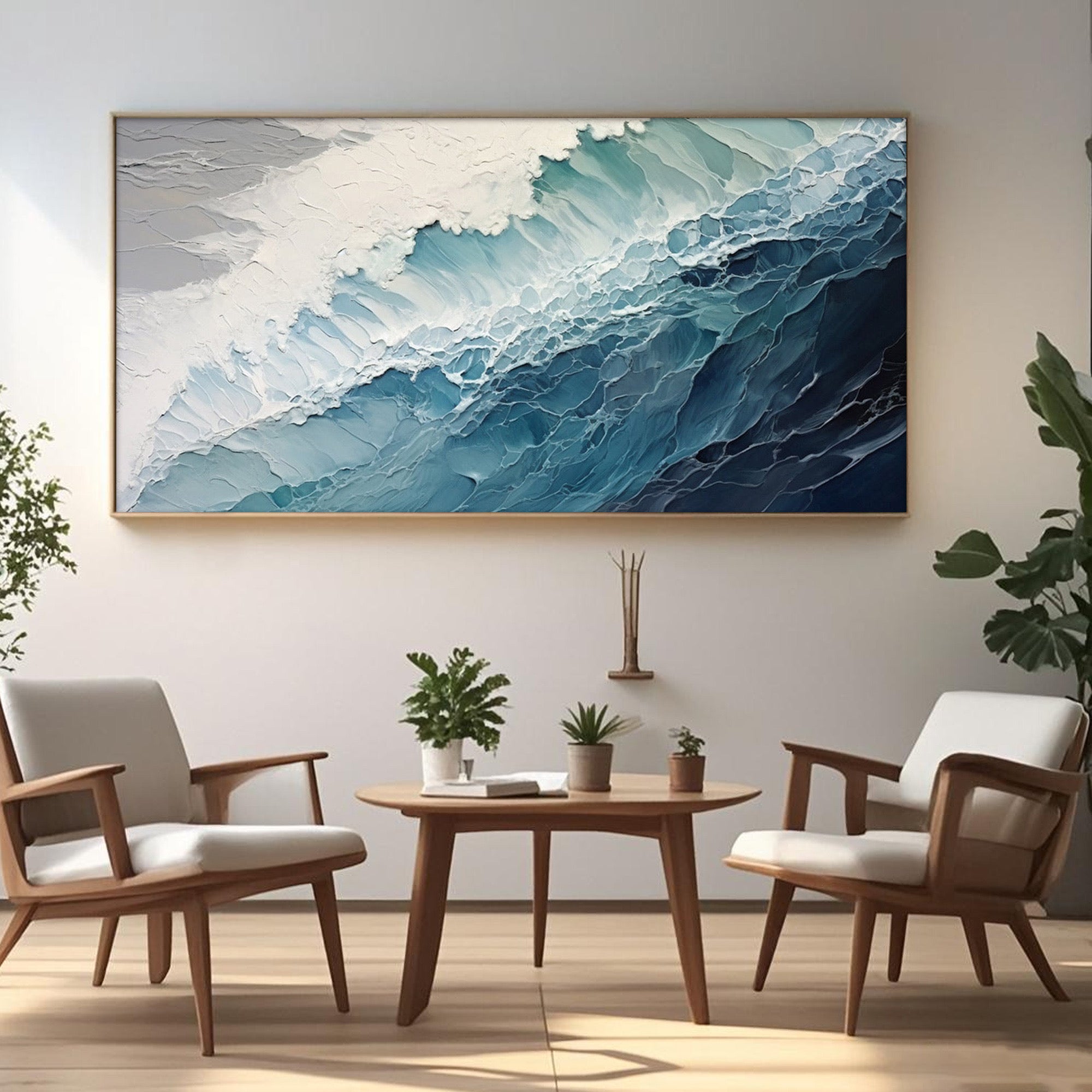 Modern abstract ocean painting with blue, white, and beige textured strokes.