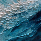 Close-up of textured acrylic layers in blue and white wave painting.