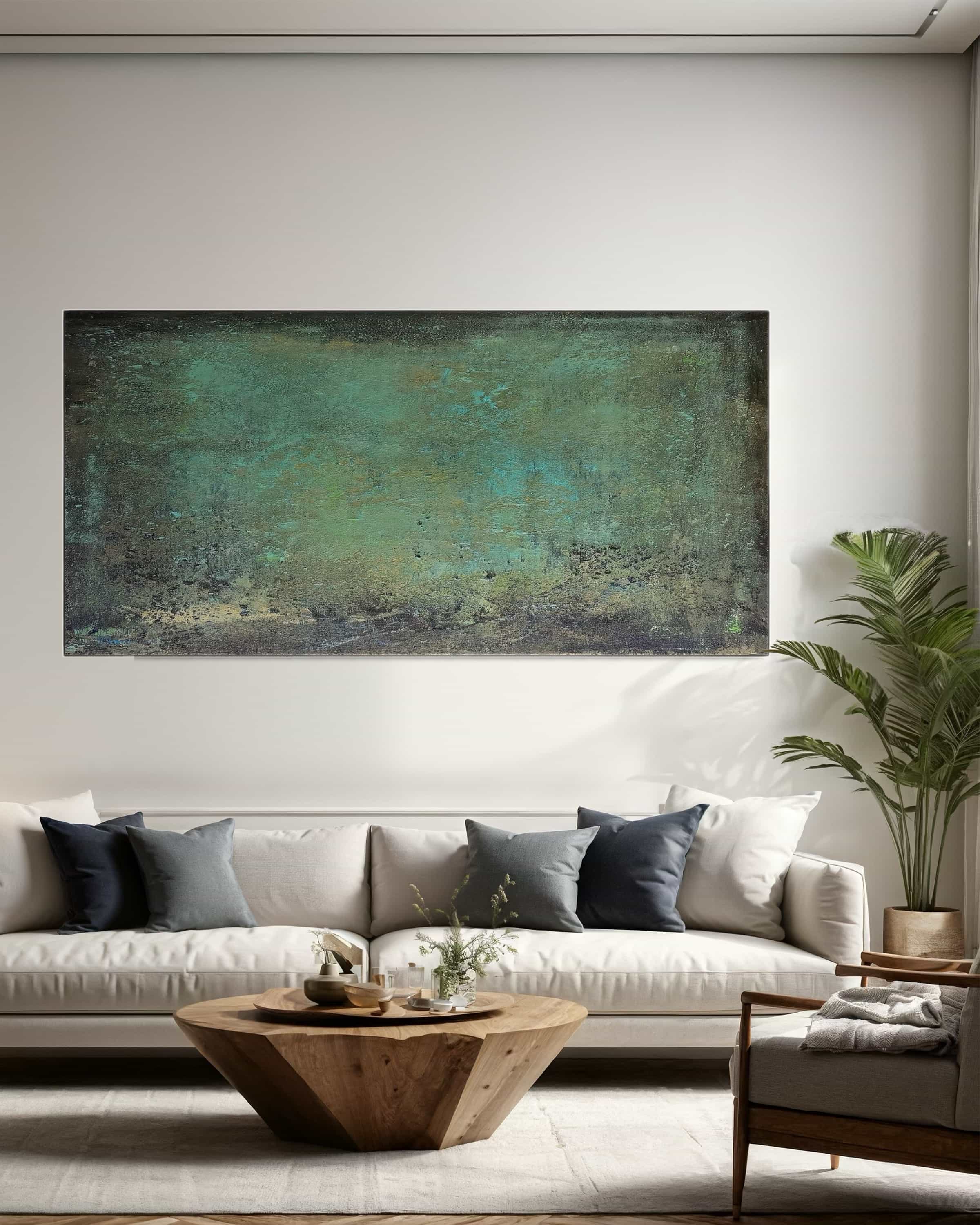 Green minimalist abstract painting on museum-grade horizontal canvas.