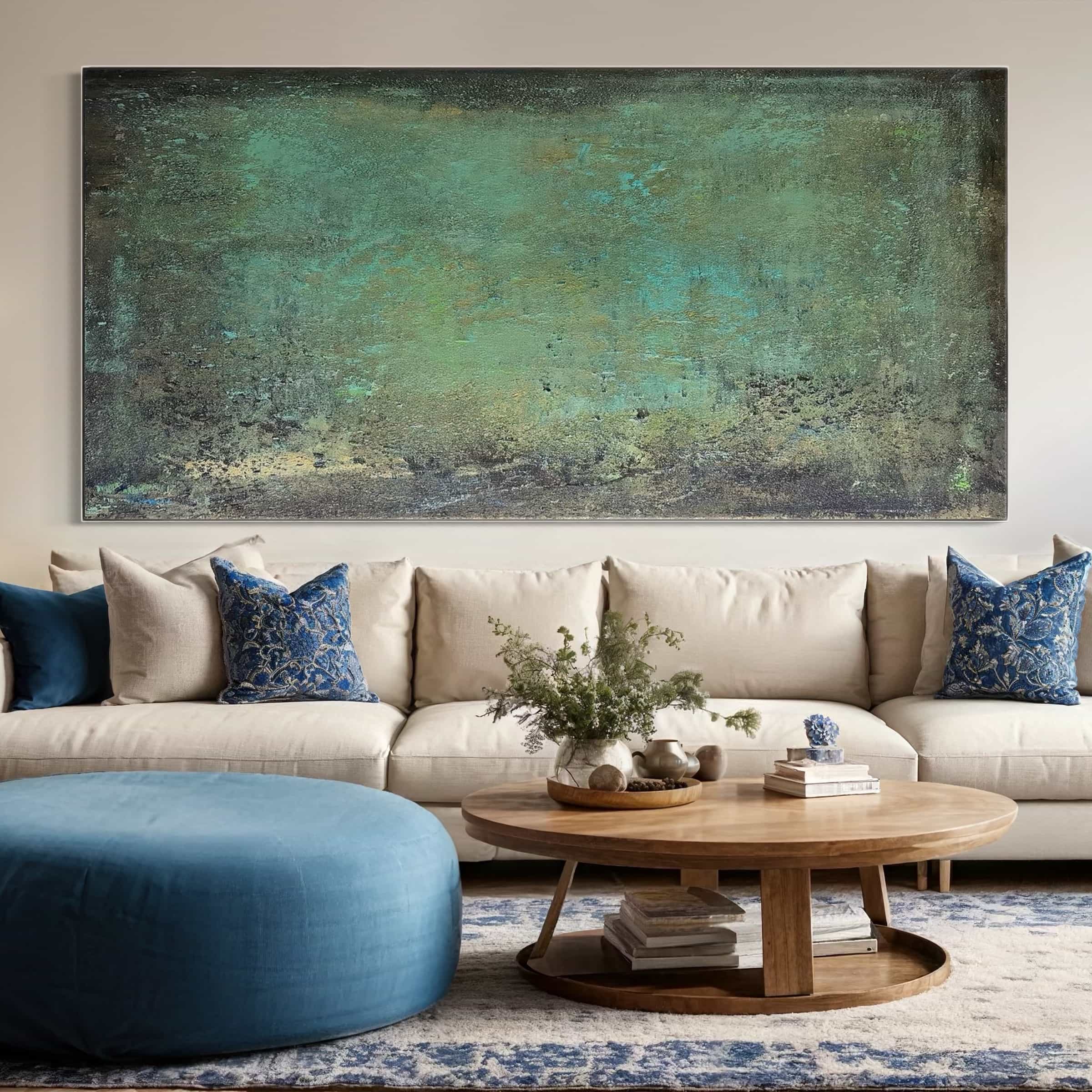 Horizontal green abstract painting above a modern low-profile sofa.