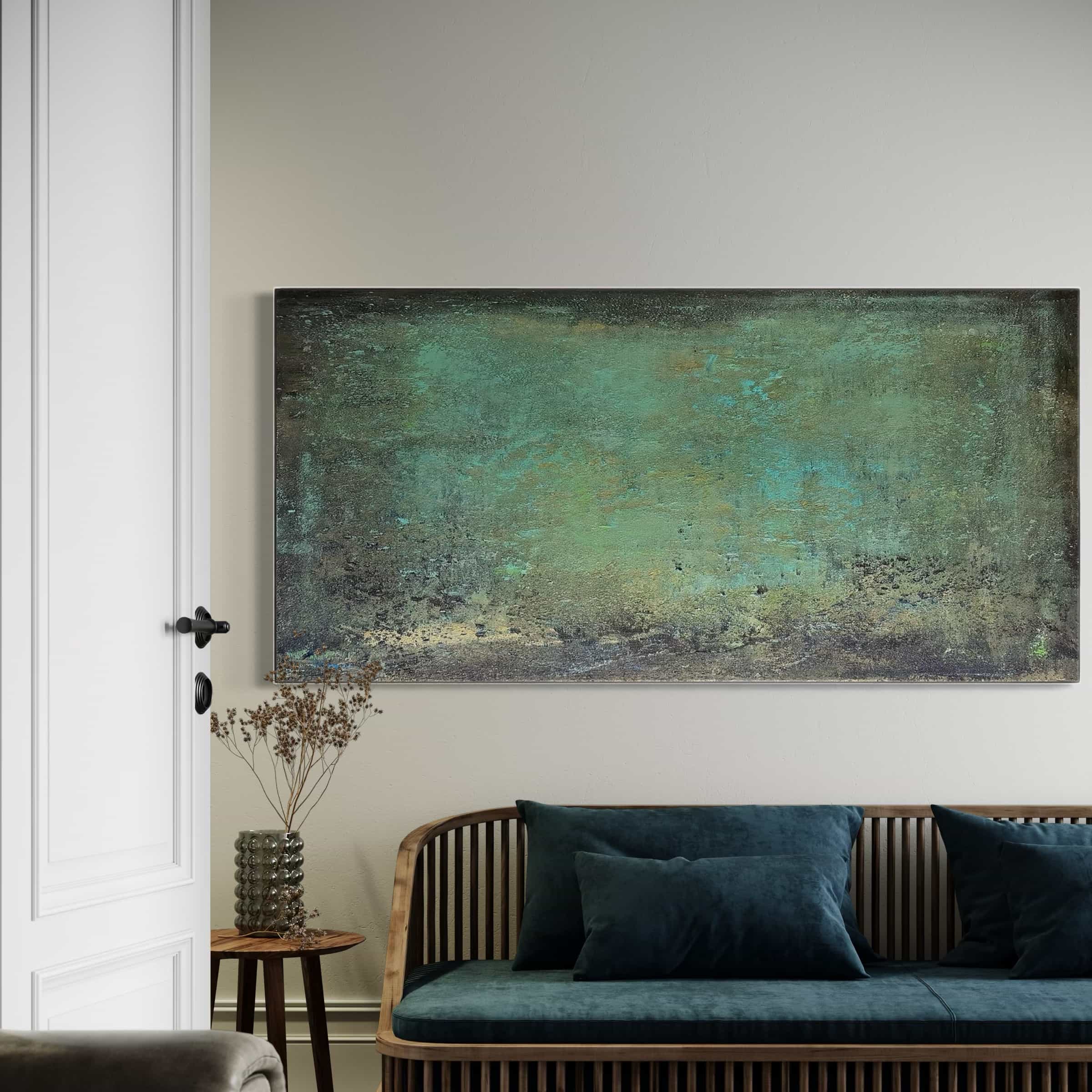 Hand-painted Wabi-Sabi wall art in a clean-lined interior space.