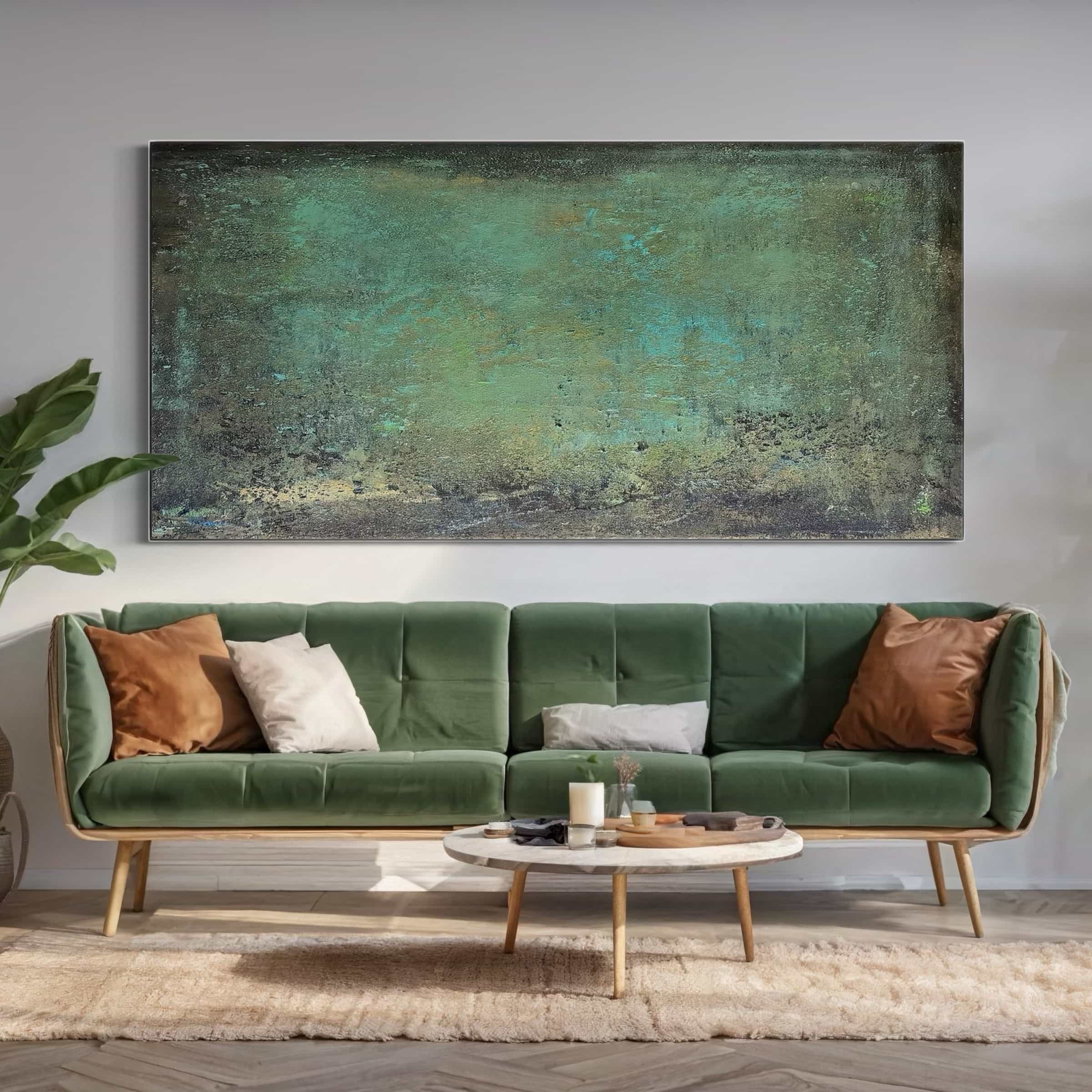 Textured green and blue Wabi-Sabi painting in a horizontal living room.