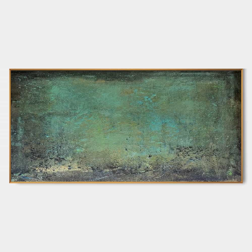 Framed Wabi-Sabi wall art in earthy green tones and aged textures.