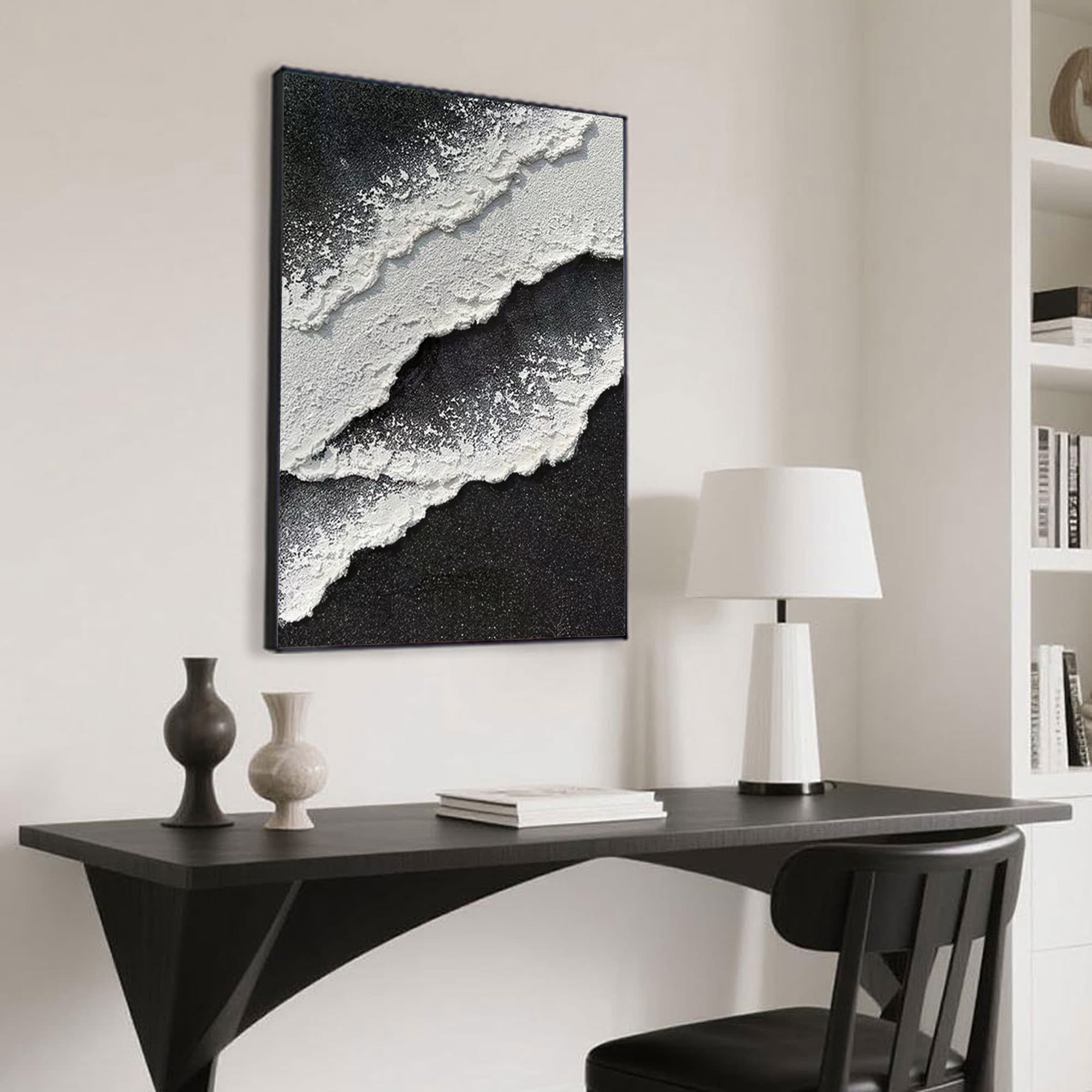 3D textured abstract wave painting in modern office wall with black and white tones on vertical oversized hand-painted canvas
