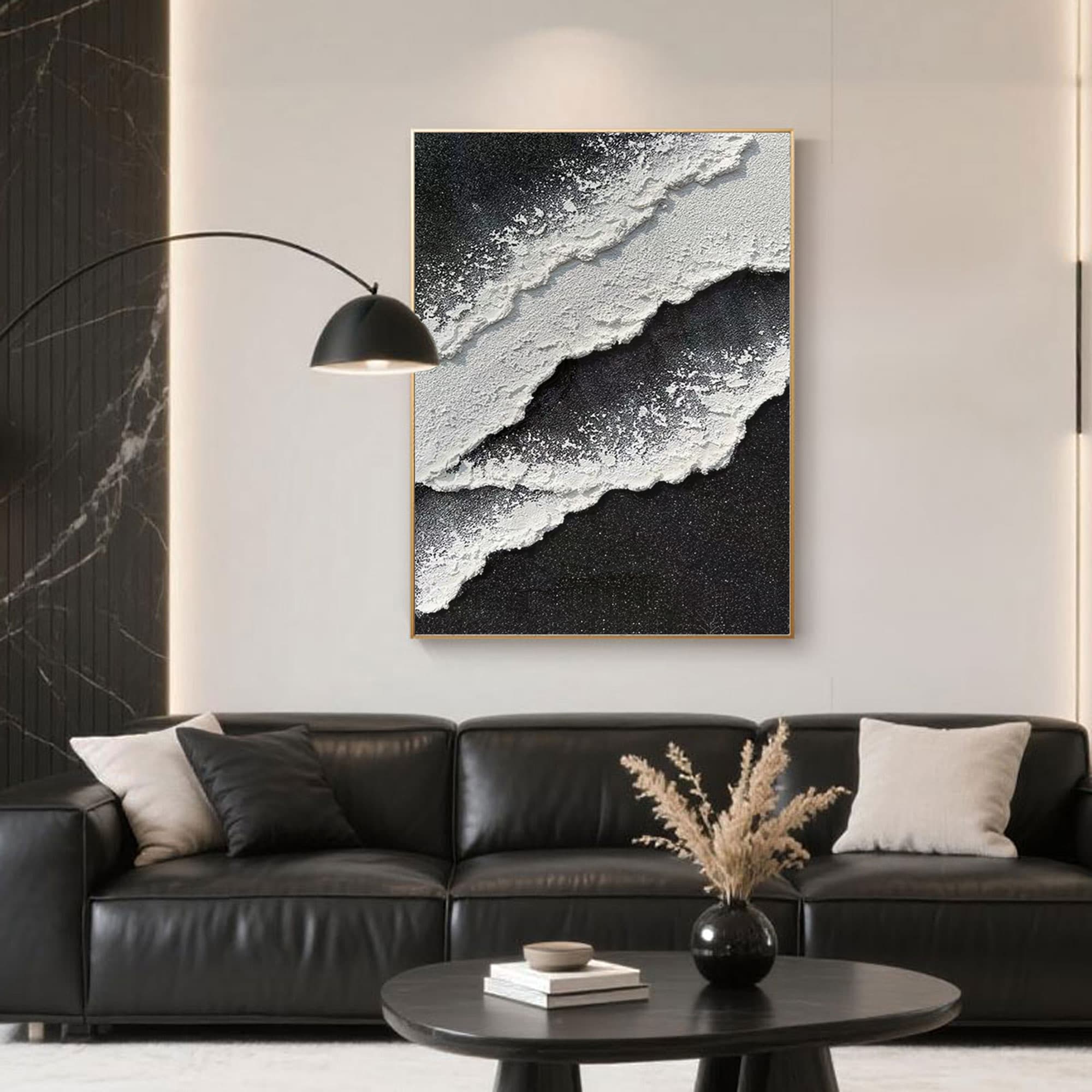 Abstract black and white ocean artwork in vertical sculptural style with thick acrylic on framed canvas