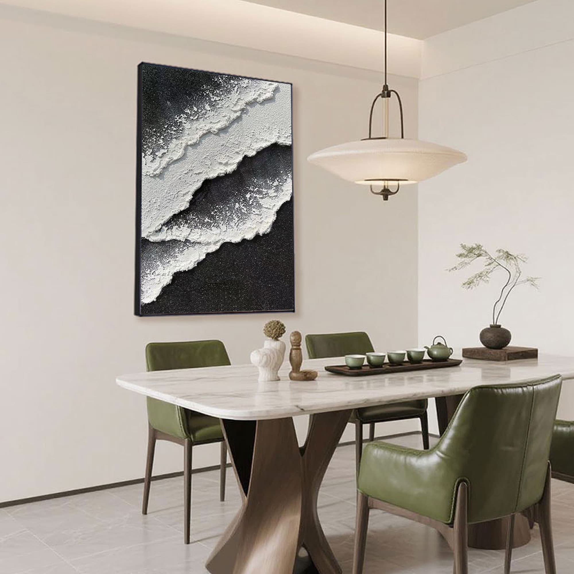 Sculptural abstract wave painting in black and white, hand-painted on oversized vertical canvas using eco-friendly materials