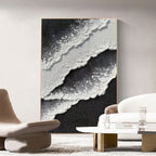 Oversized hand-painted canvas art with textured abstract waves in monochrome for modern wall decor