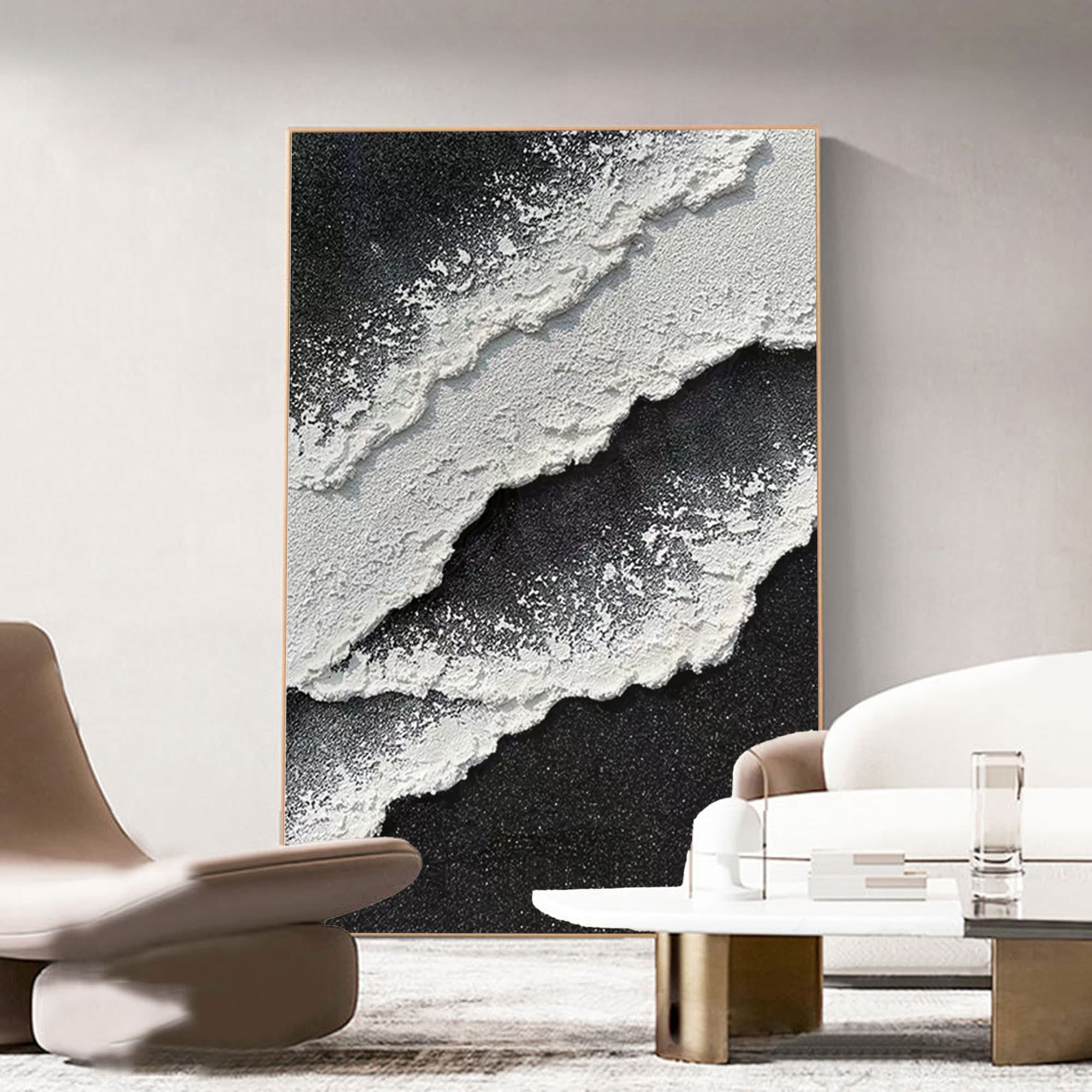 Oversized hand-painted canvas art with textured abstract waves in monochrome for modern wall decor