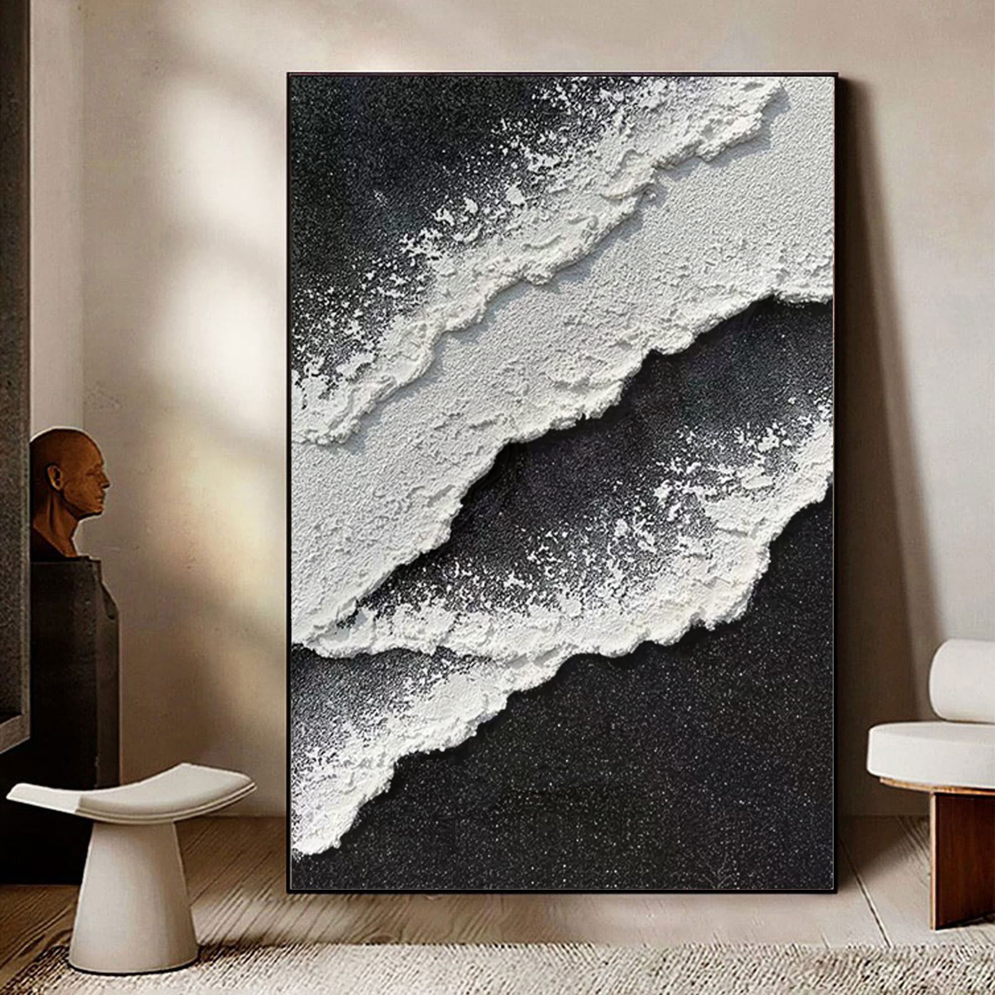 Black and white modern 3D wave wall art with sculptural texture on eco-friendly vertical acrylic canvas