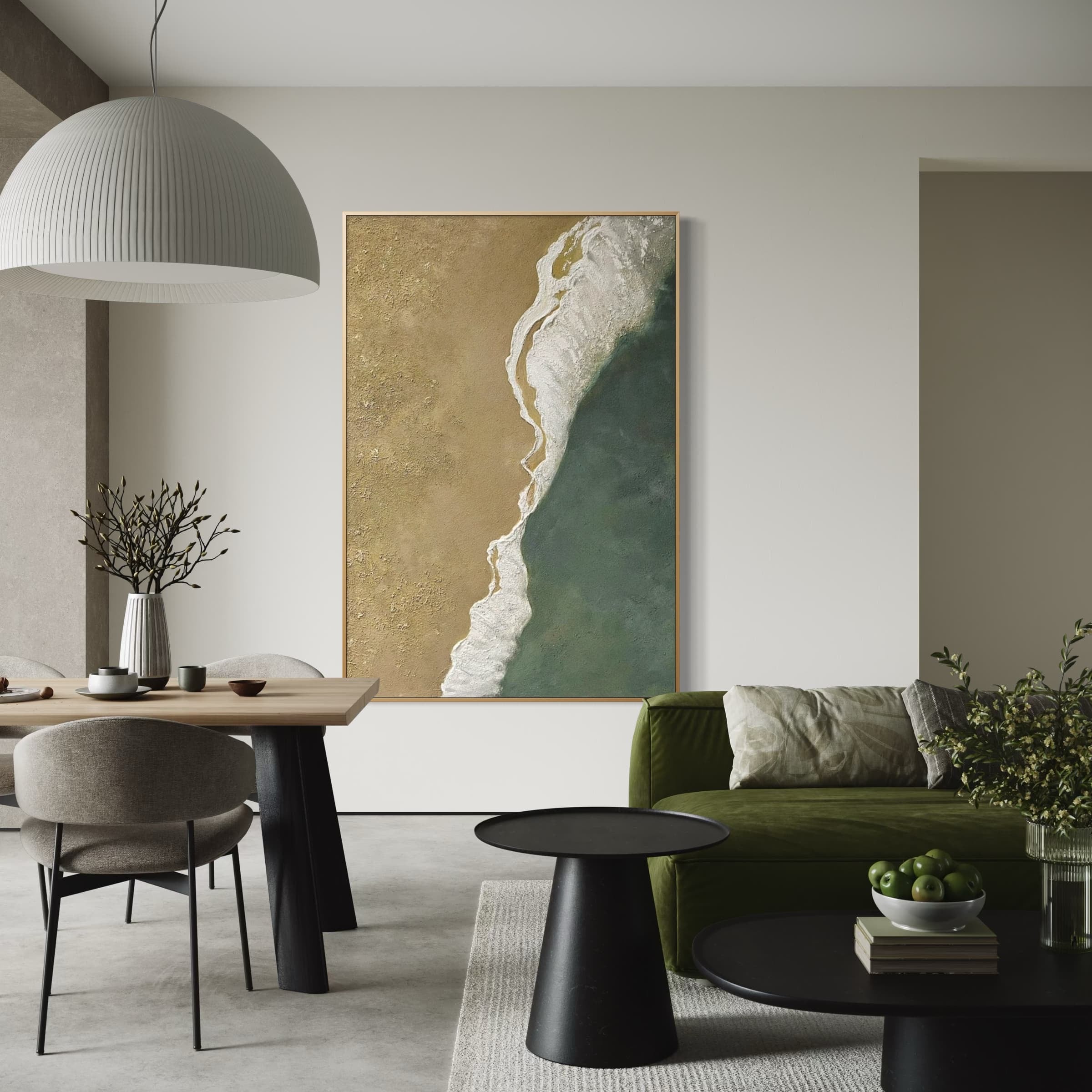 Minimalist seascape painting featuring abstract shoreline textures