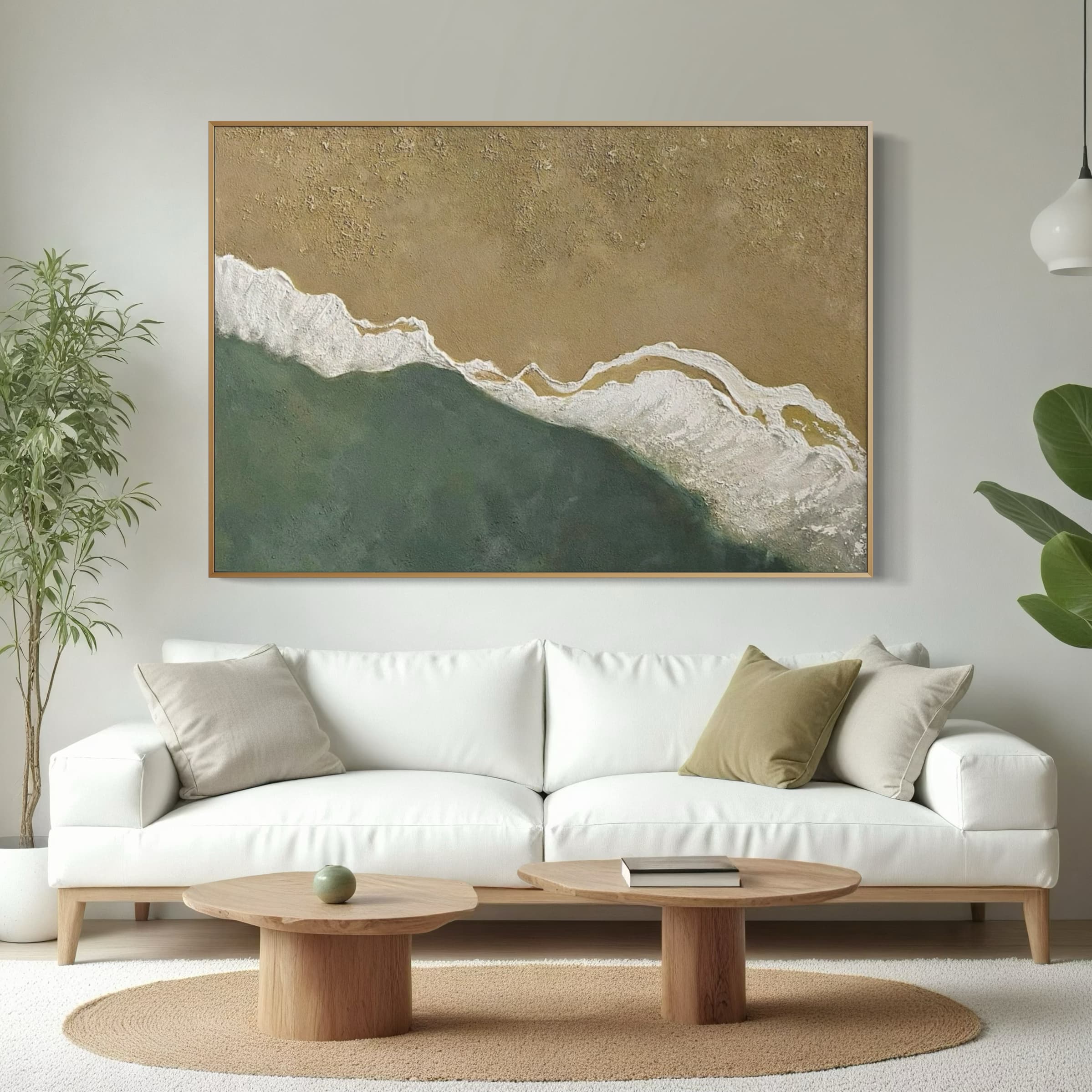 textured beach art in vertical format with beige sand and green water