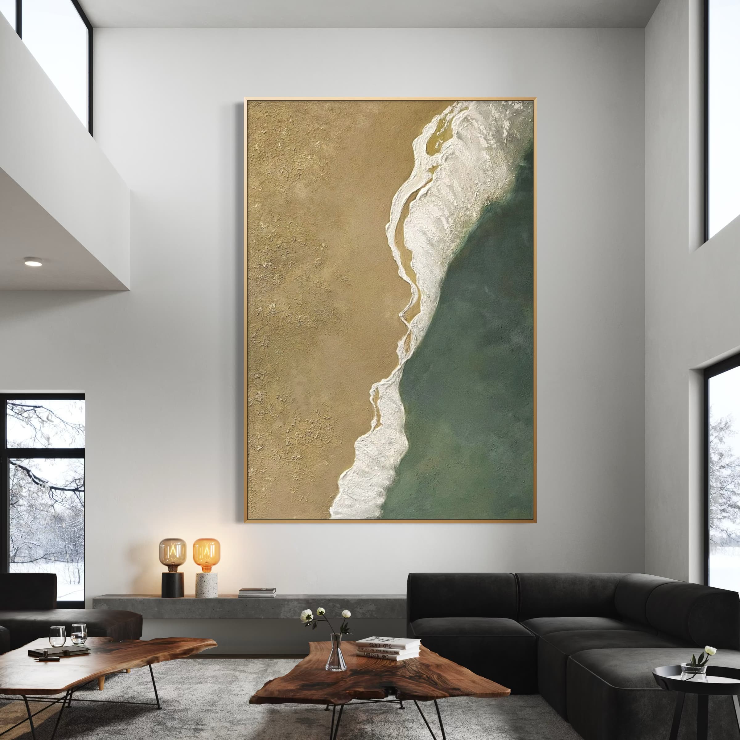 Modern abstract wall art of beach and sea in calm neutral tones
