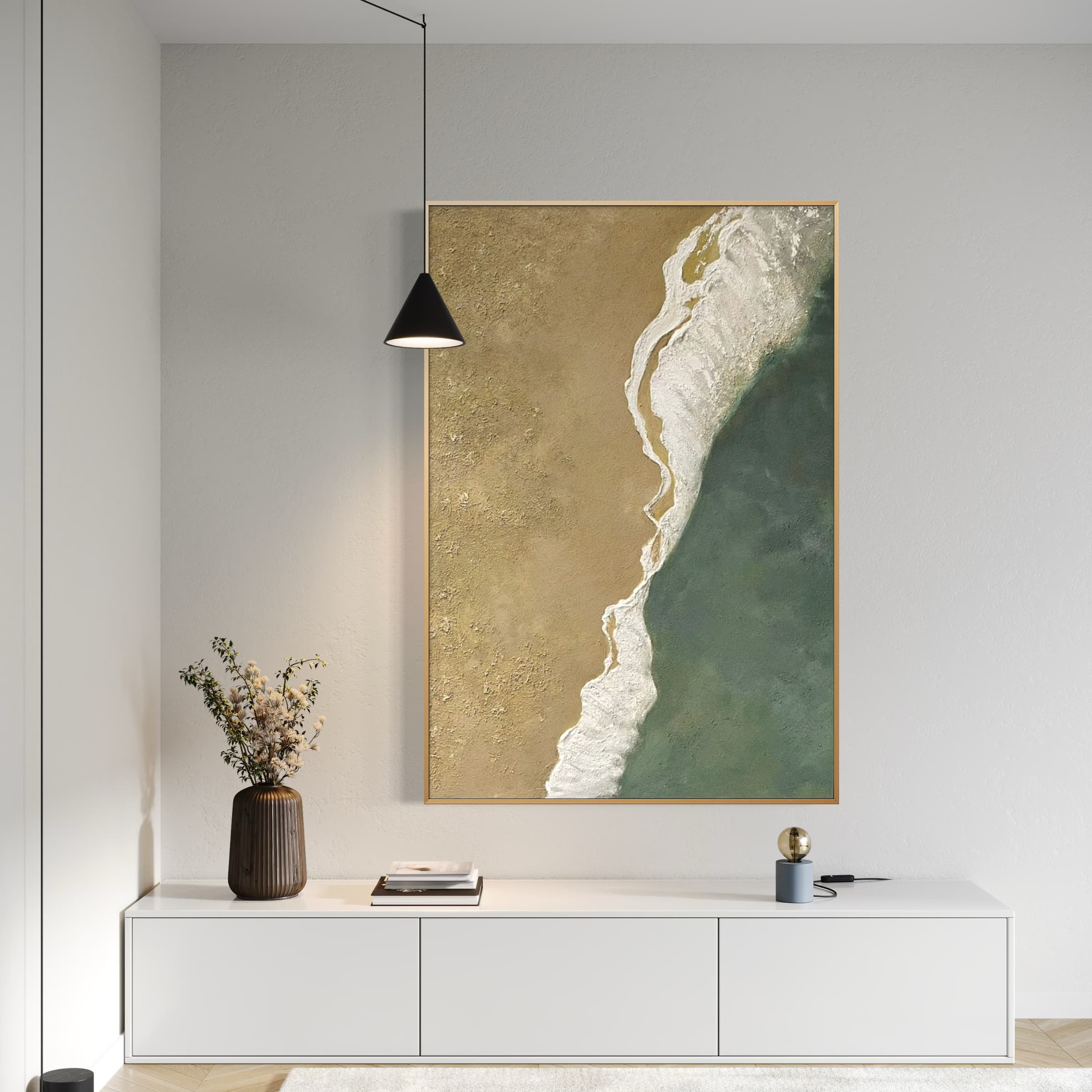 Hand-painted canvas with ocean waves meeting a textured sandy coast